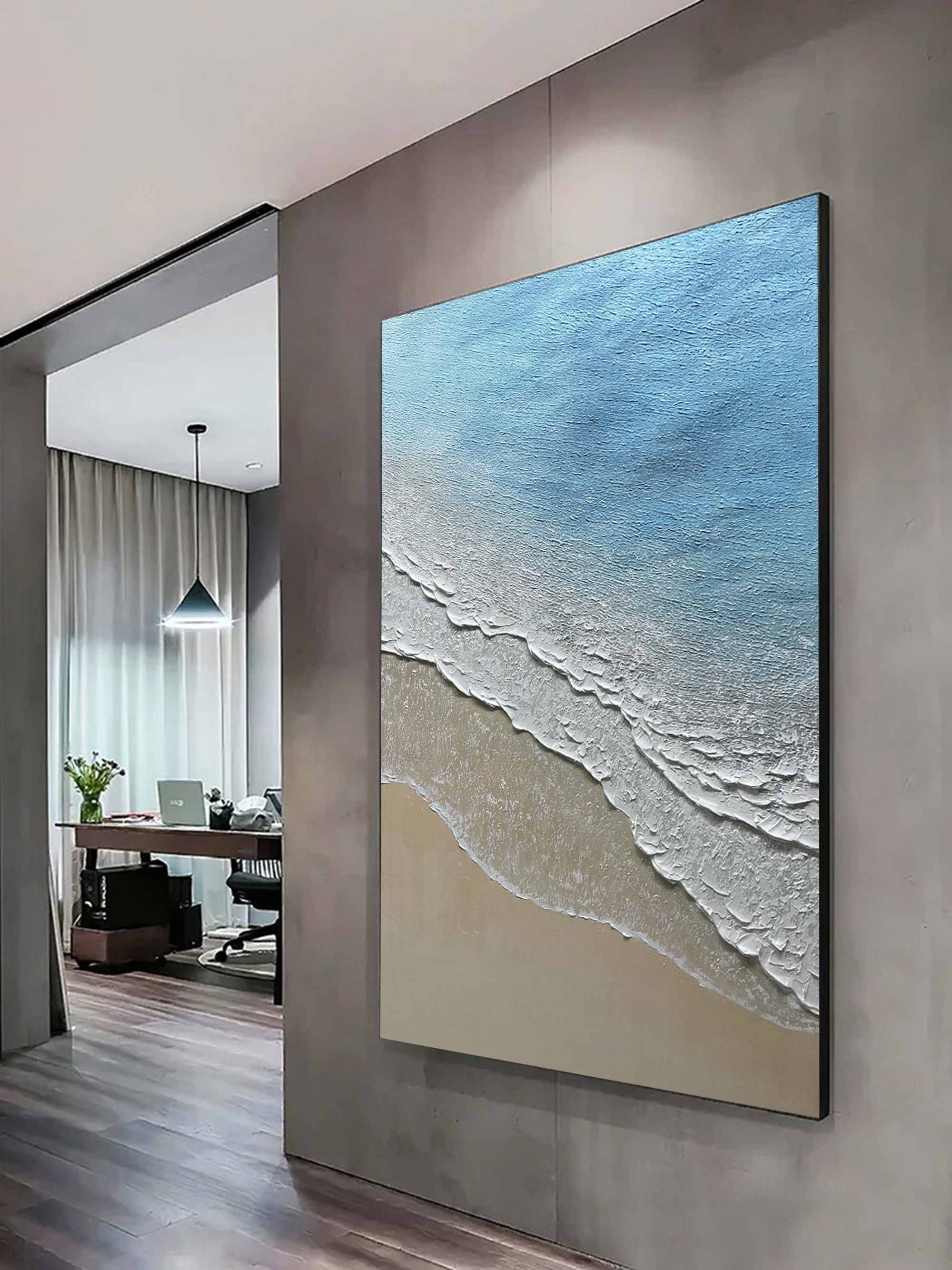 3D Minimalist Blue Ocean Painting on Canvas Acrylic Abstract Coastal Landscape Canvas Painting