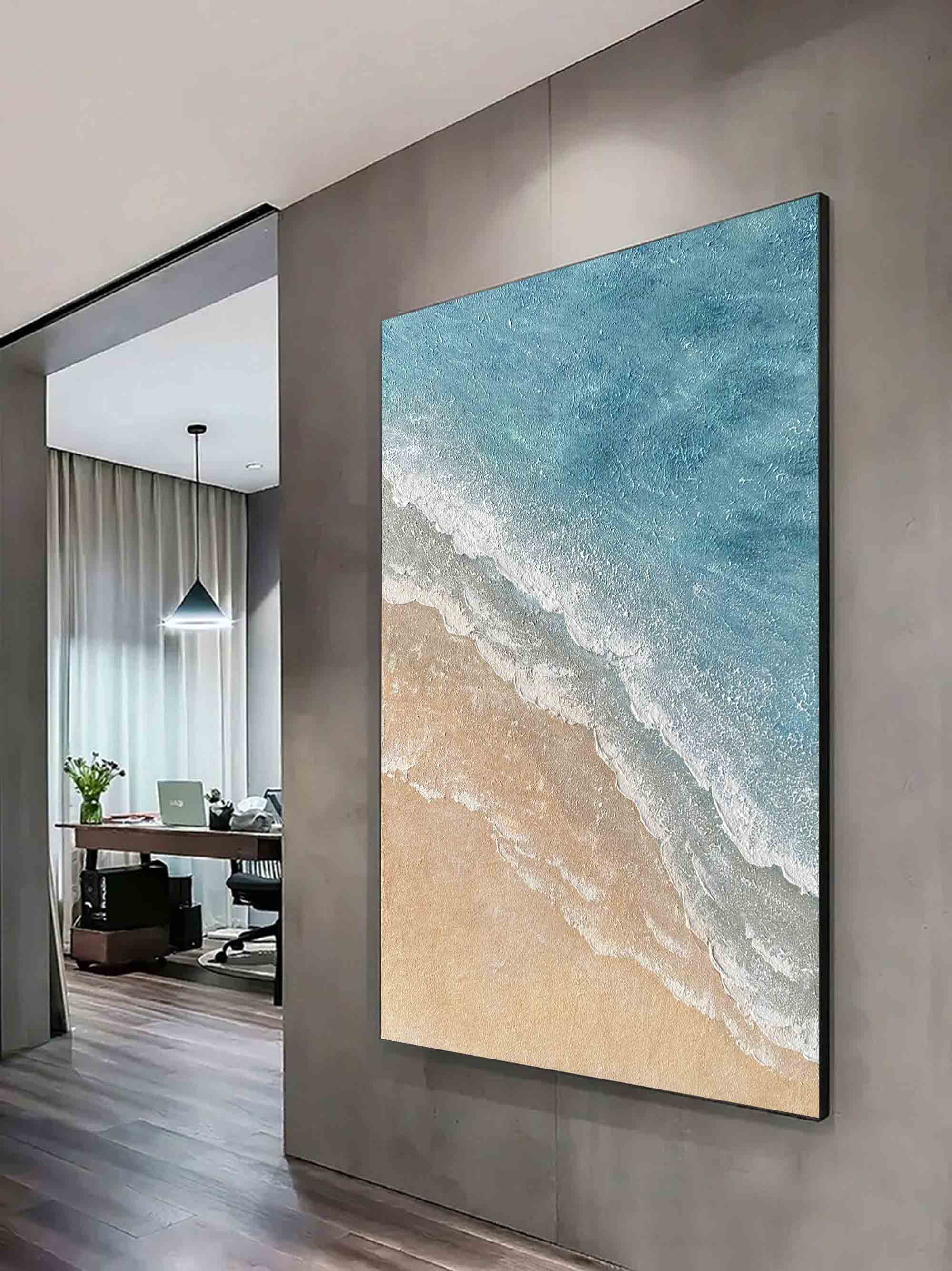 Light Blue Ocean Wave Painting Brown And Blue Minimalist Art Large Blue Wave Painting