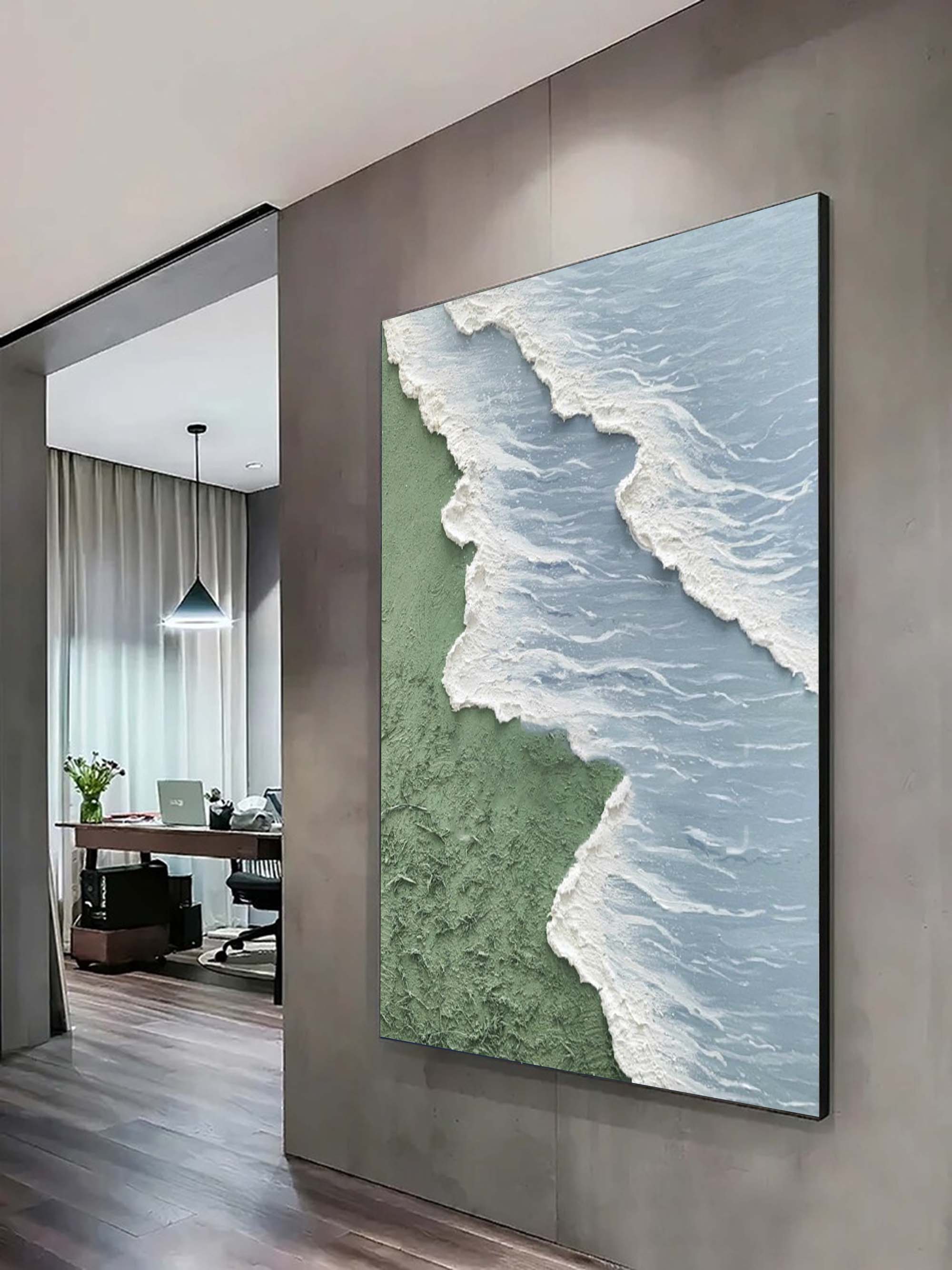 Minimalist Green Coastal Wall Art 3D Texture Abstract Beach Canvas Art