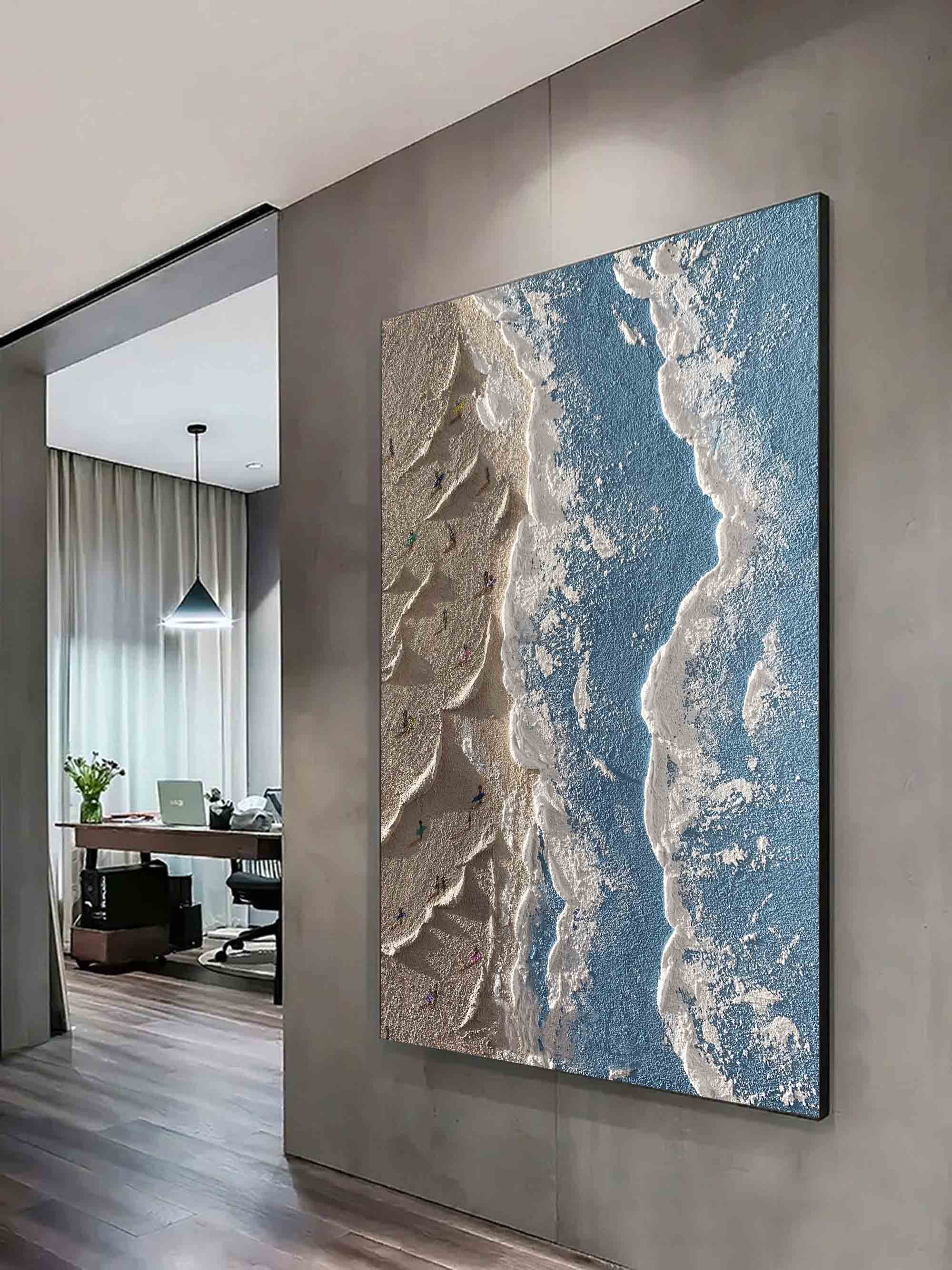 Abstract Coastal 3d Textured Painting Minimalist Light Blue Ocean Art