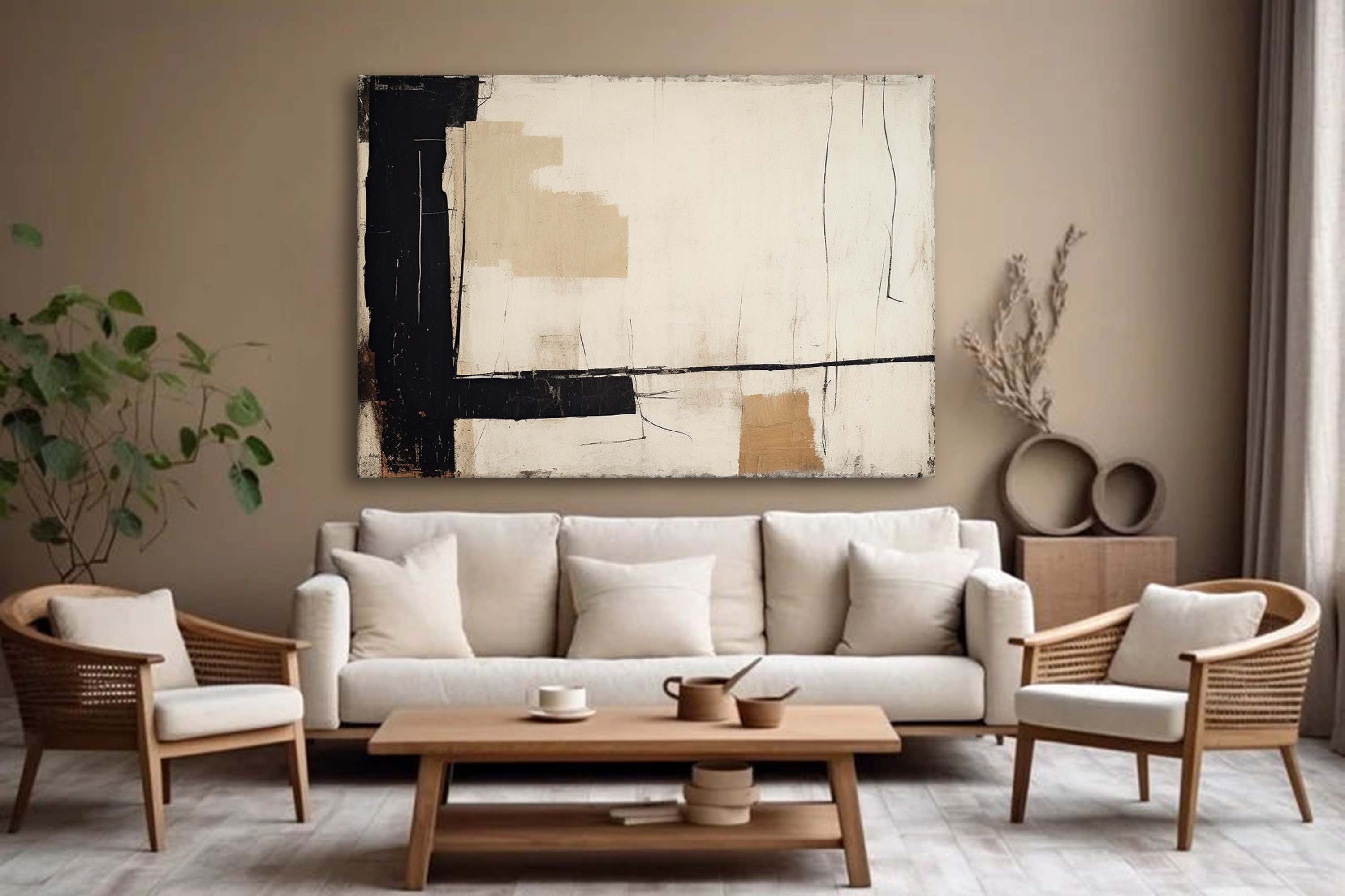 Neutral Beige & Black Painting On Canvas Large Beige Abstract Minimalist Painting Black Beige Wall Art