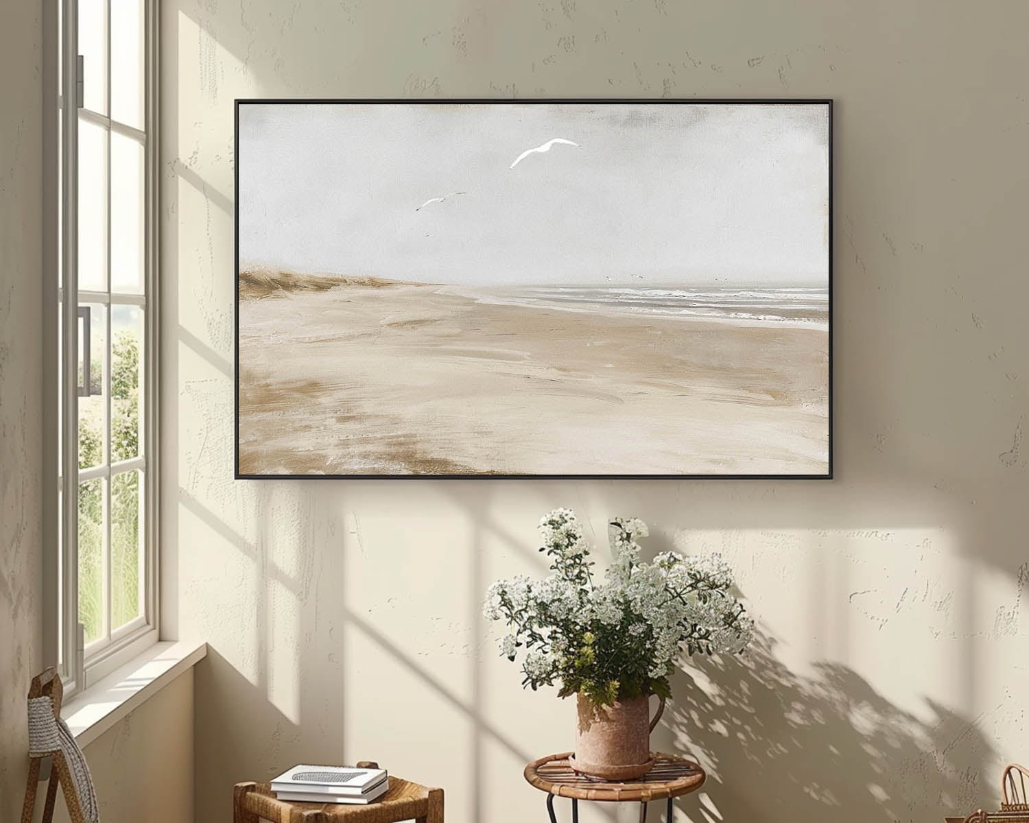 Vintage Beach Scene seagulls Painting Vintage Coastal Seaside Painting Old Beach Scenery Art