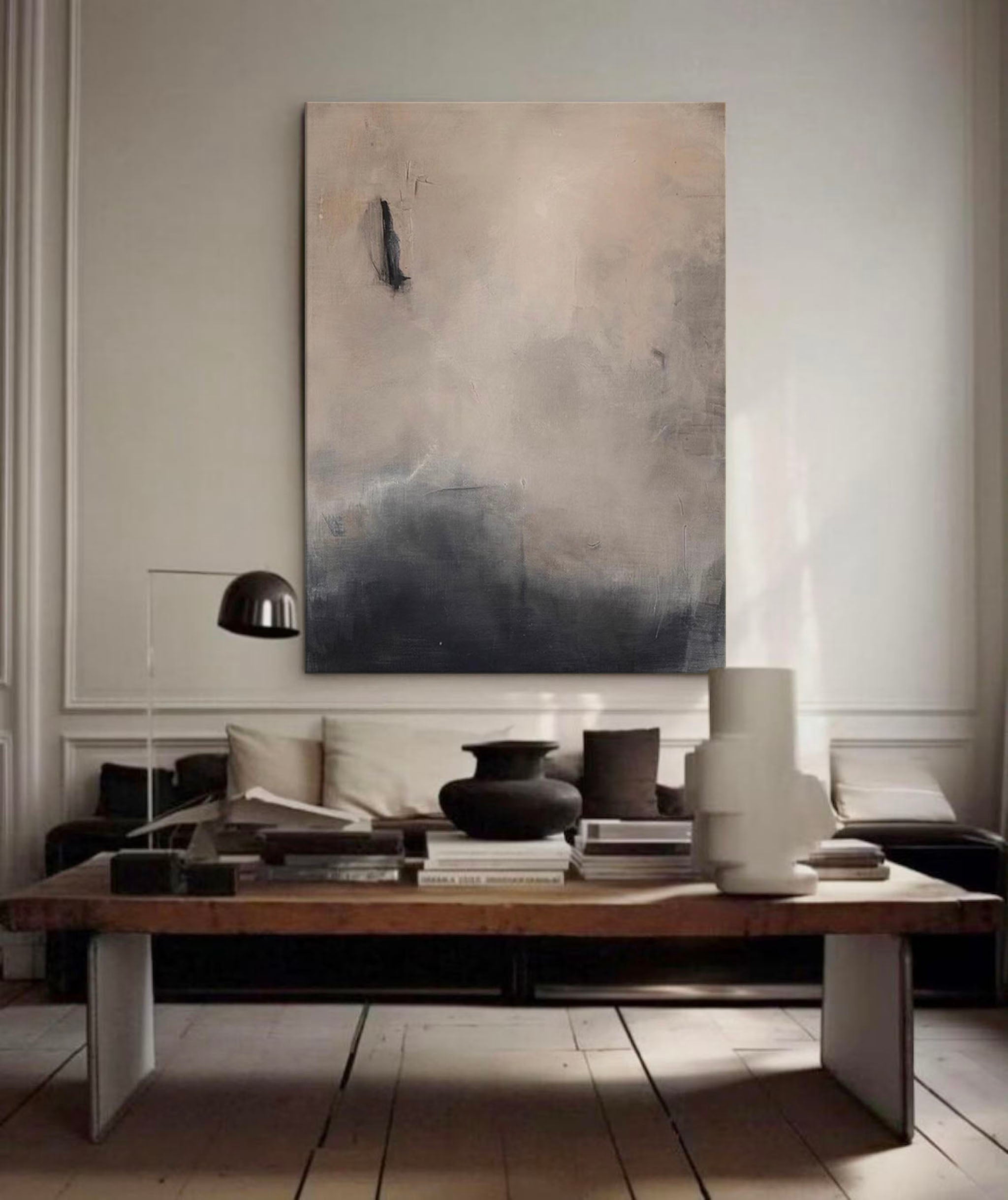 Beige And Black Framed Painting Large Beige Black Minimalist Wall Art Beige Wabi Sabi Wall Art