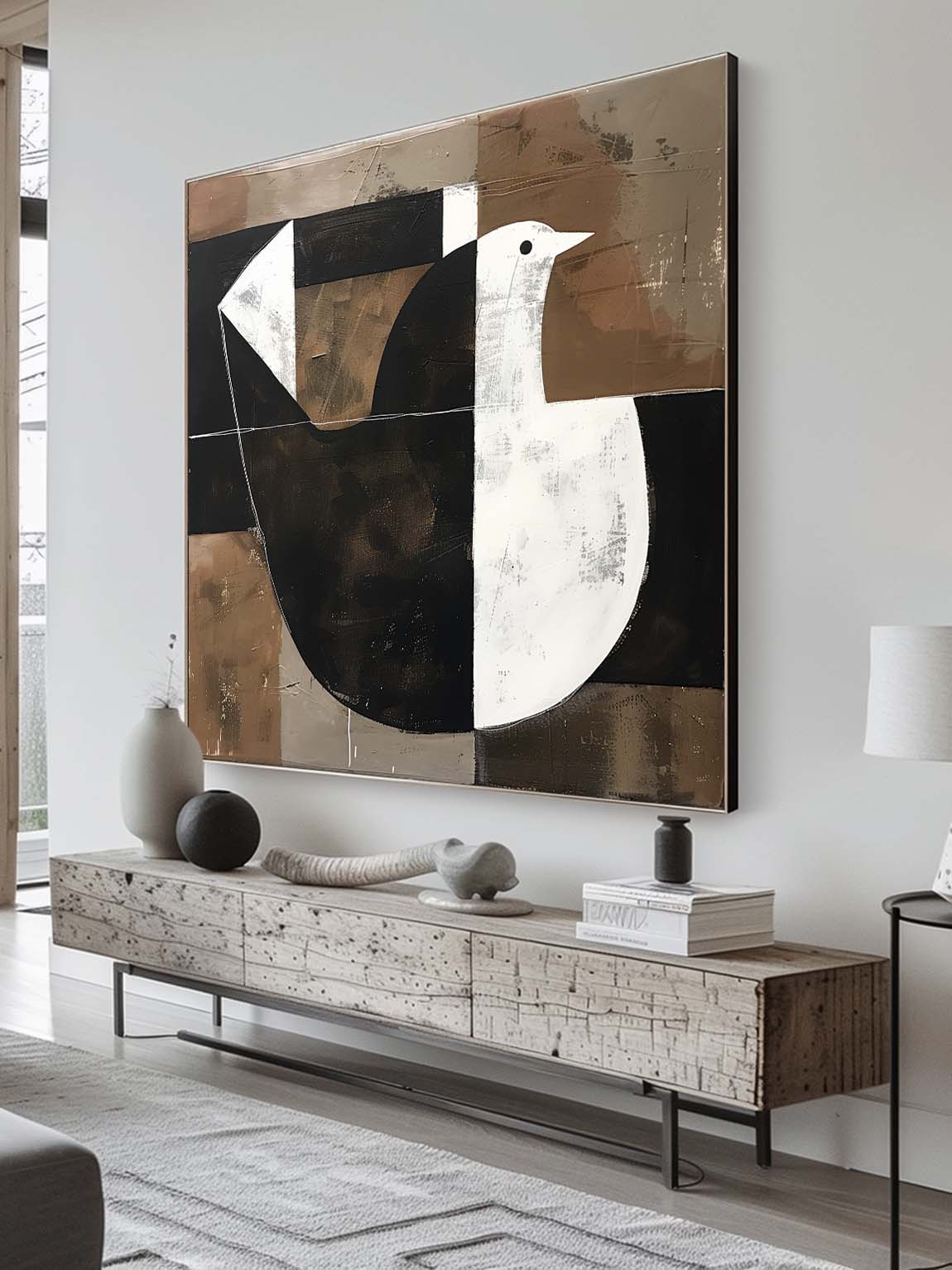 Retro Neutral Dove Painting On Canvas Retro Black & White Dove Canvas Art Vintage Minimalist Dove Painting