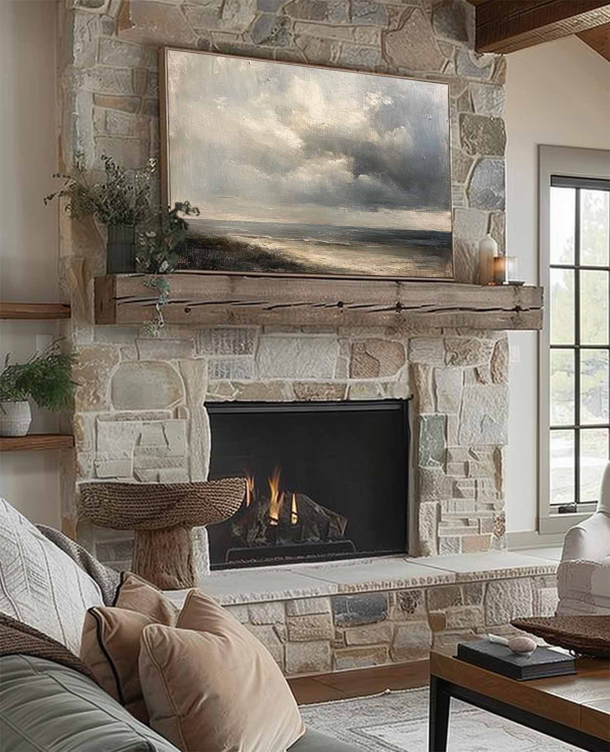 Moody Sky Vintage Painting Cloudy Sky Oil Painting Vintage Cloud Canvas Wall Art Grey Sky Painting