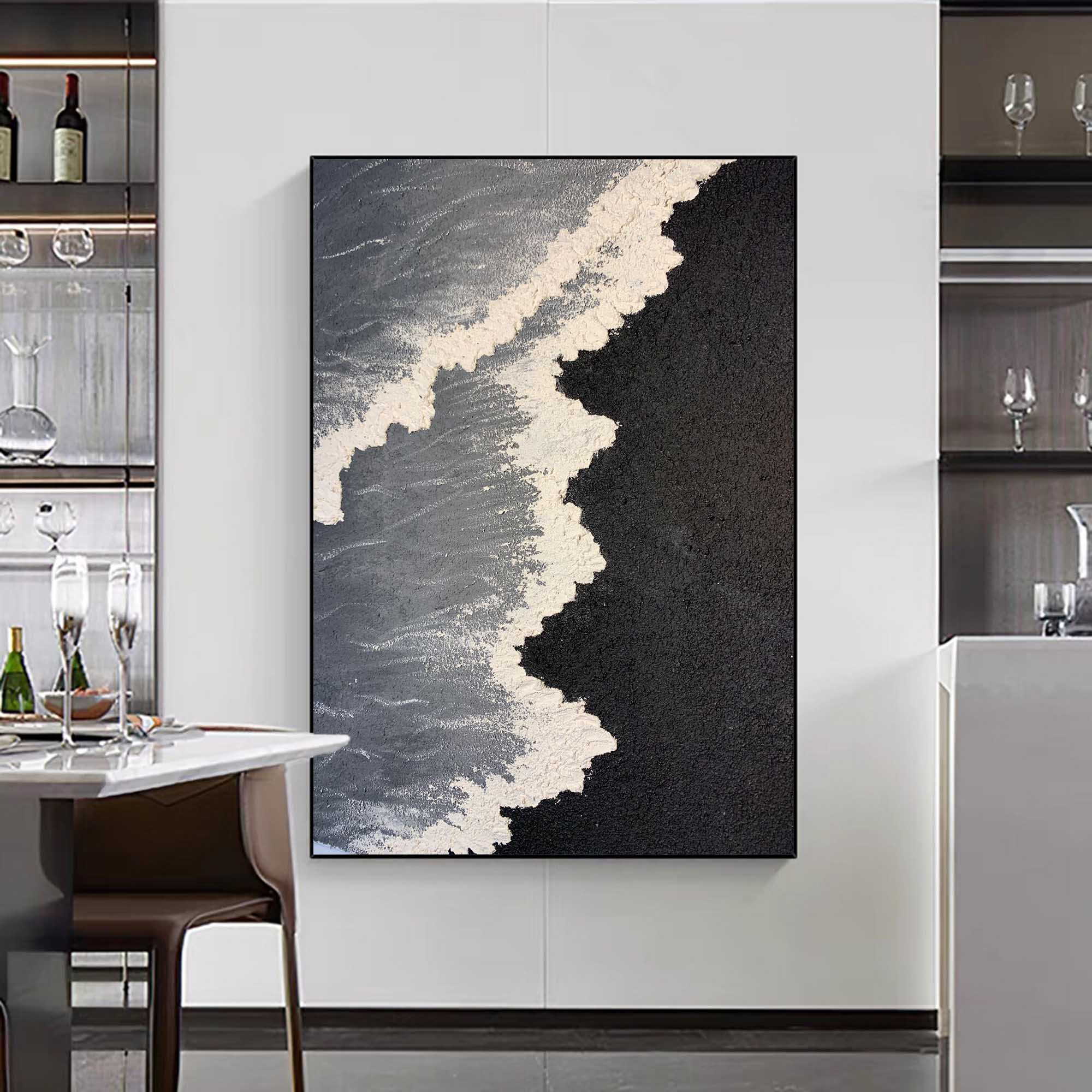 3d Minimalist Black Wave Painting Large Black And White Ocean Texture Painting