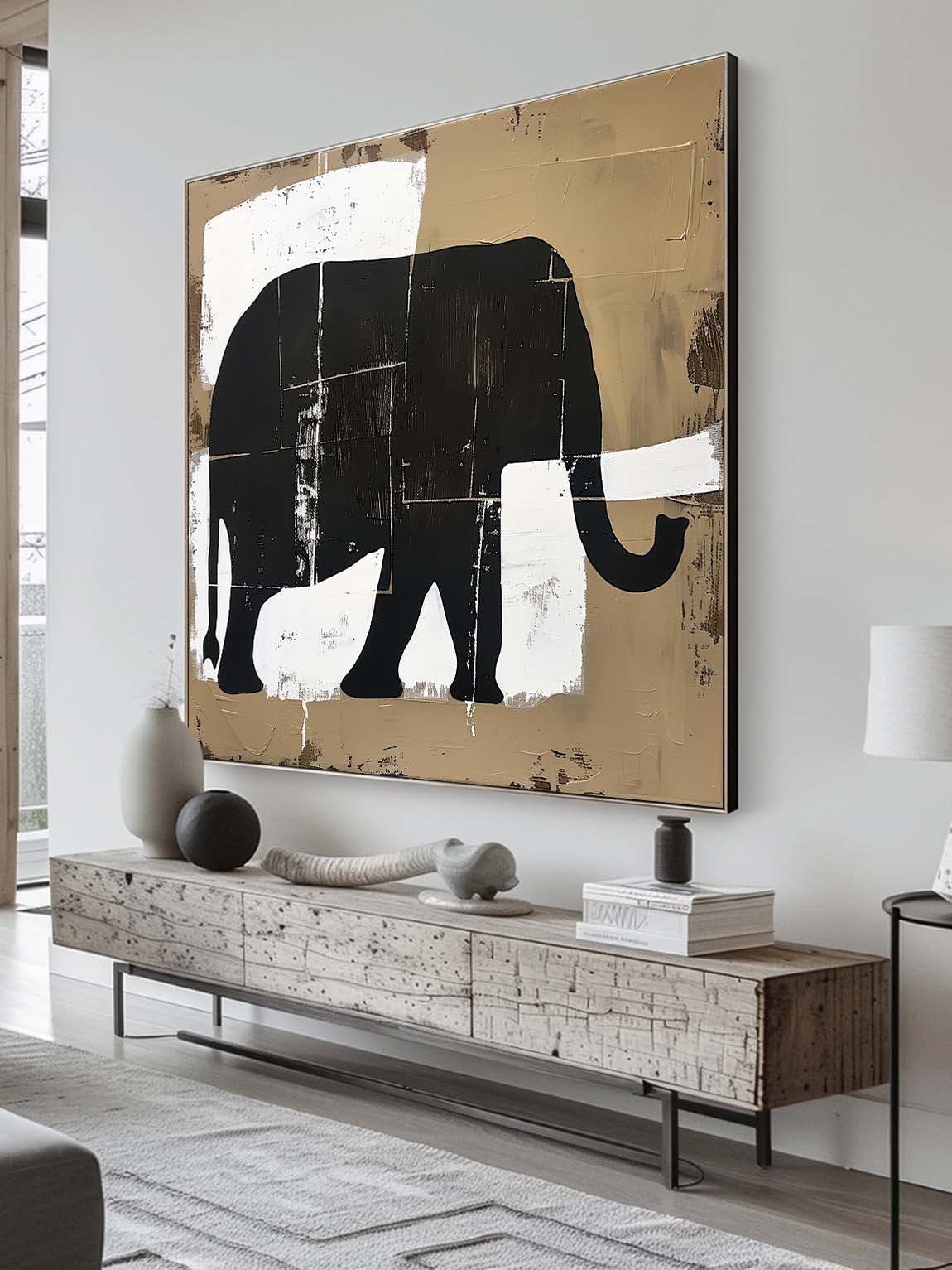 Retro Elephant Acrylic Painting On Canvas Large Neutral Elephant Painting Large Neutral Artwork