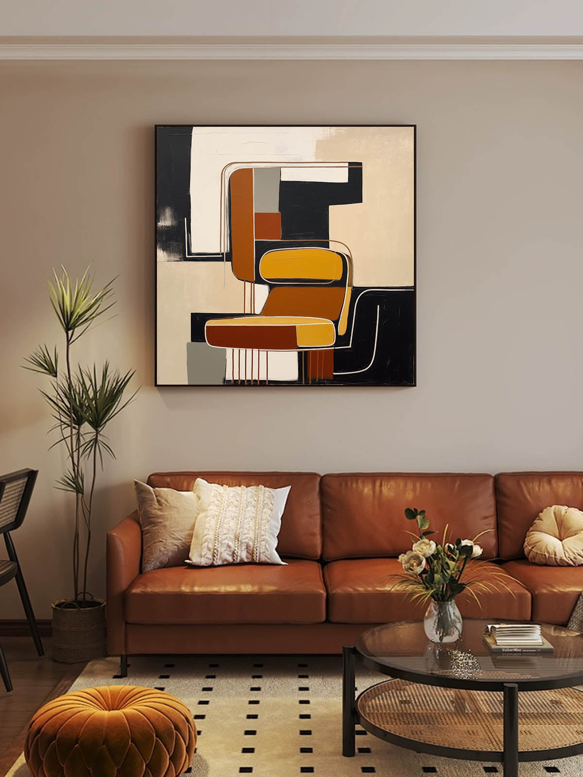 Retro Brown Plaster Textured Wall Art Beige And Black Retro Oil Painting Large Brown & Beige Abstract Painting