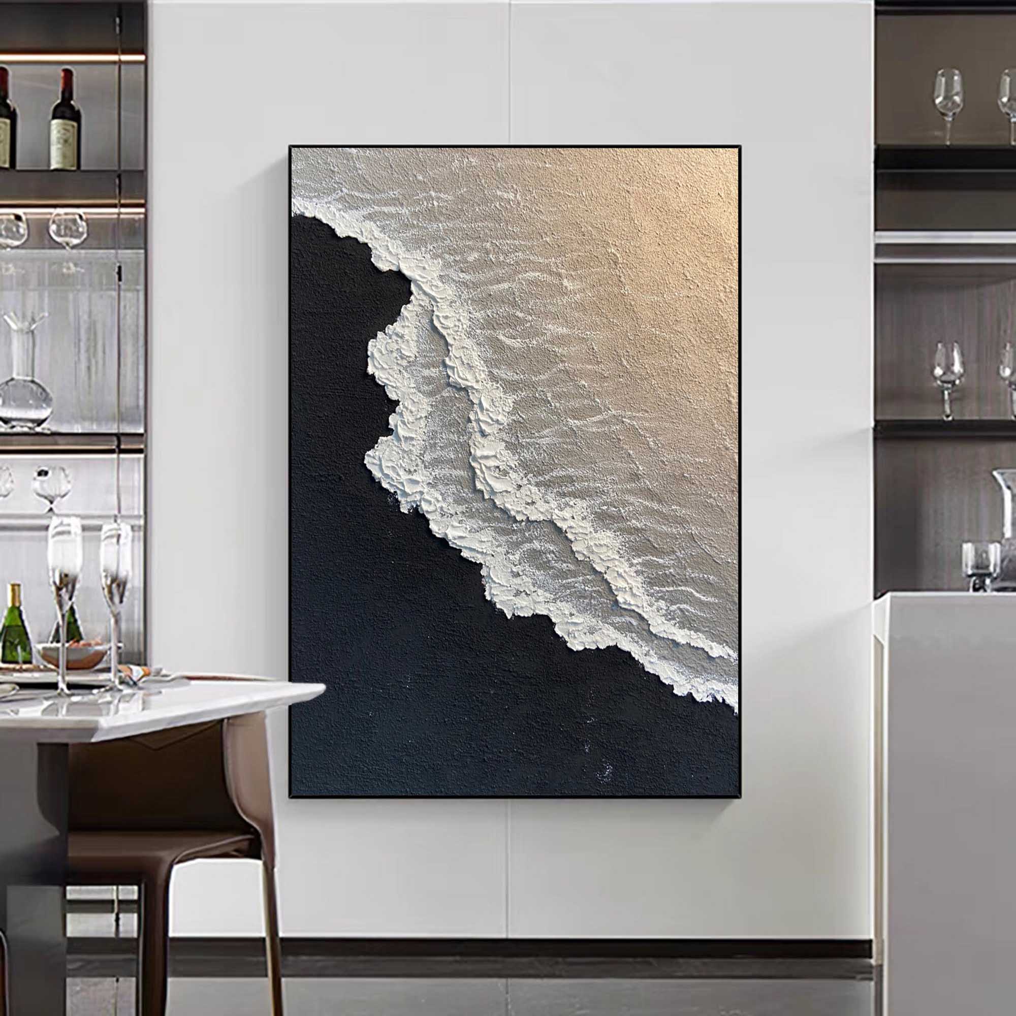 Minimalist 3d Ocean Waves Painting Original Black And White Ocean Beach Painting