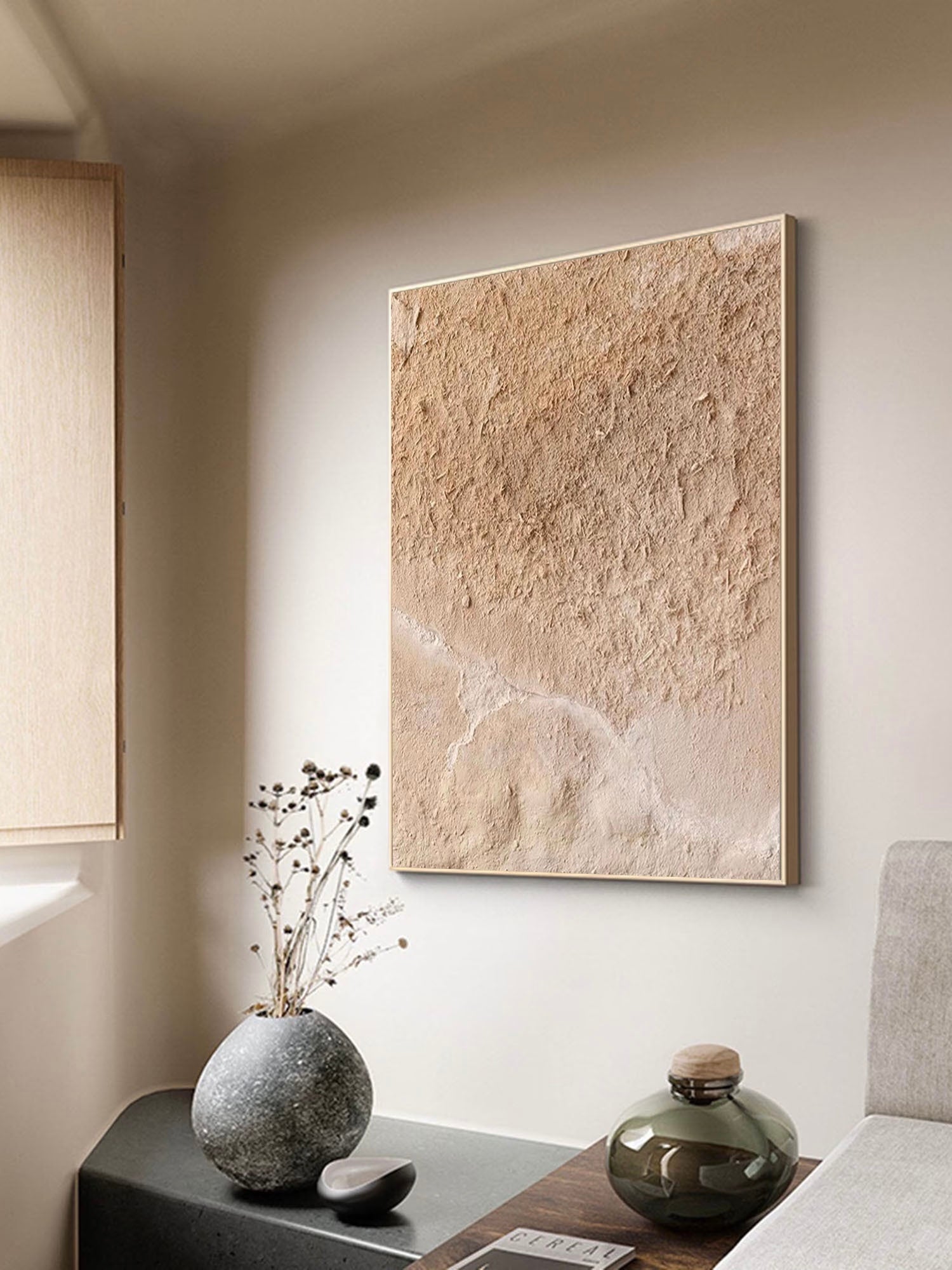 Large Textured Minimalist Abstract Canvas Painting Beige  Minimalist Wall Art For Living Room