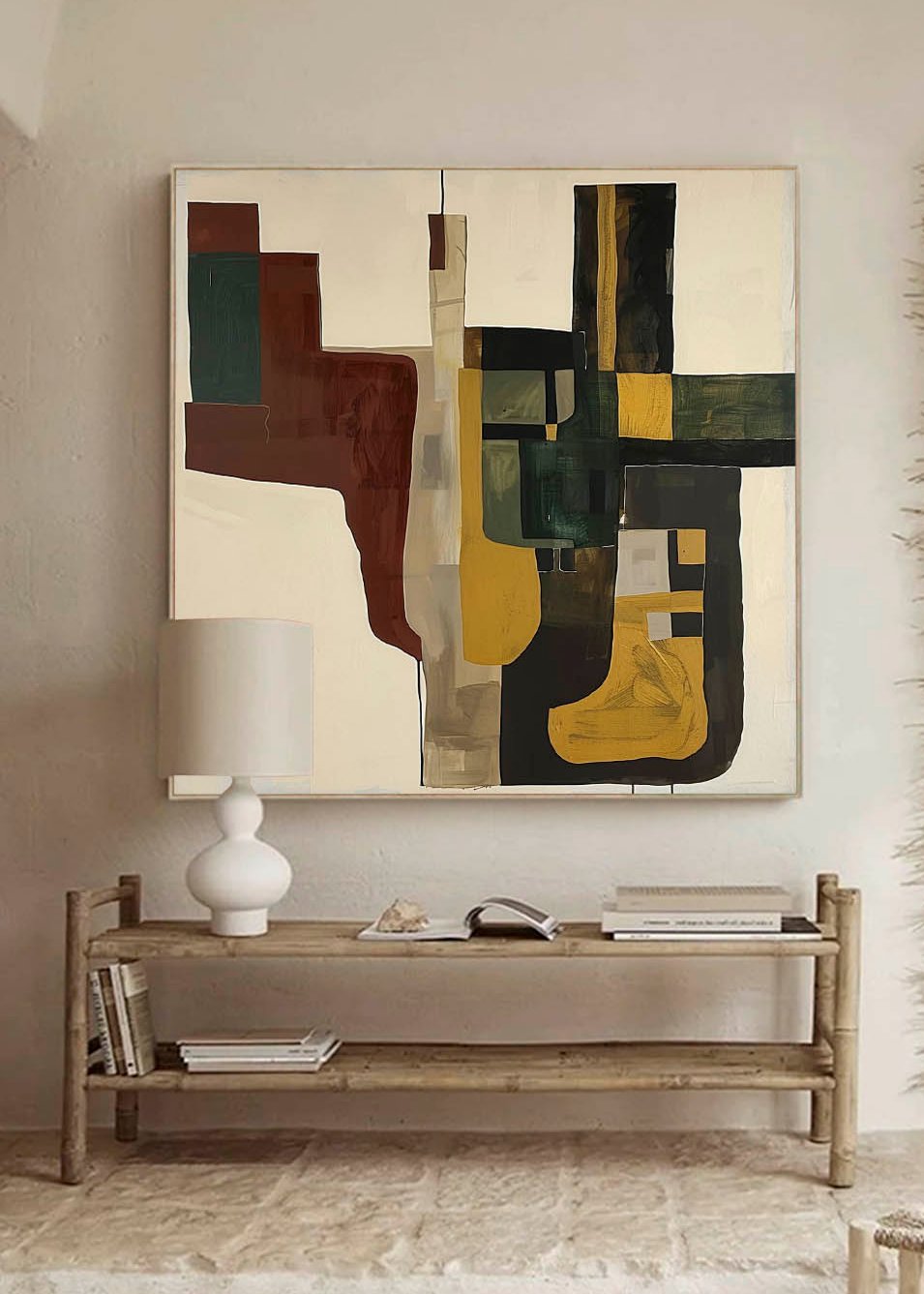 Large Retro Abstract Art Original Stretched Canvas Print Minimalist Retro Beige Wall Art