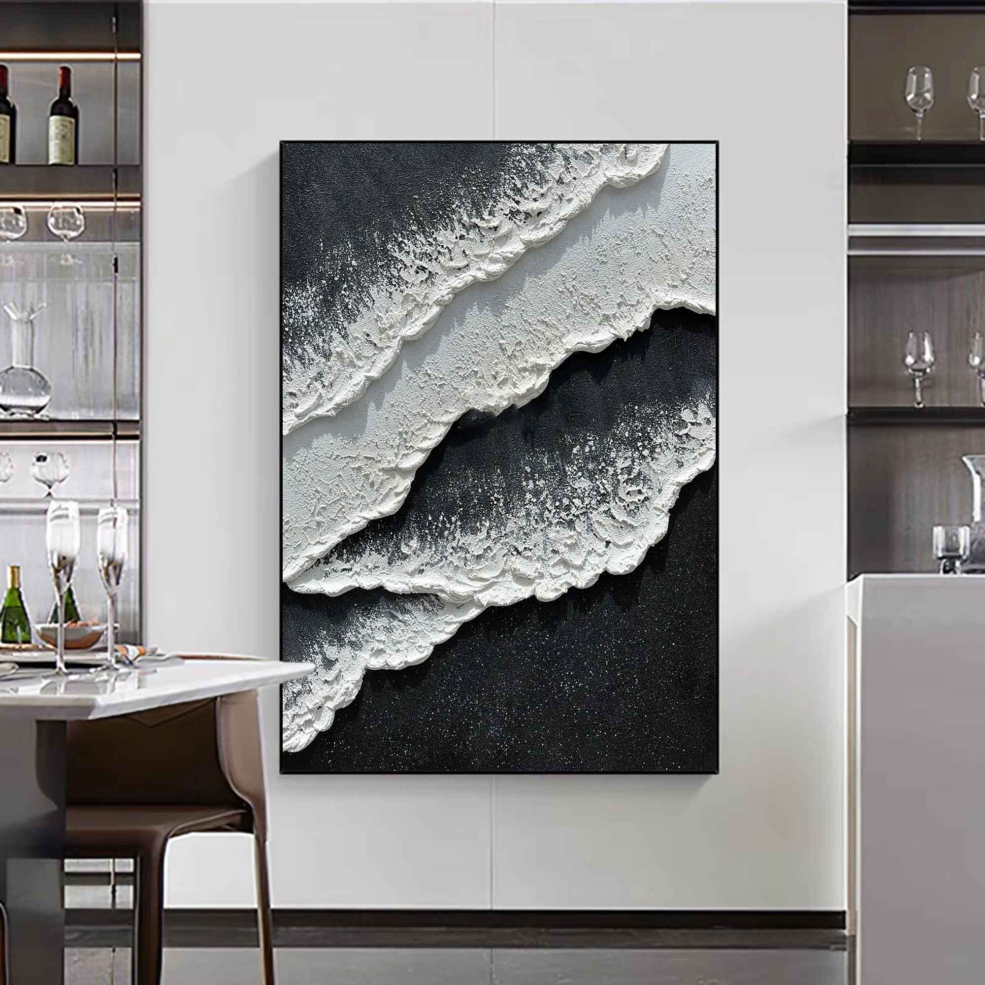 3d Black White Wave Painting On Canvas Minimalist Black And White Ocean Texture Wall Art