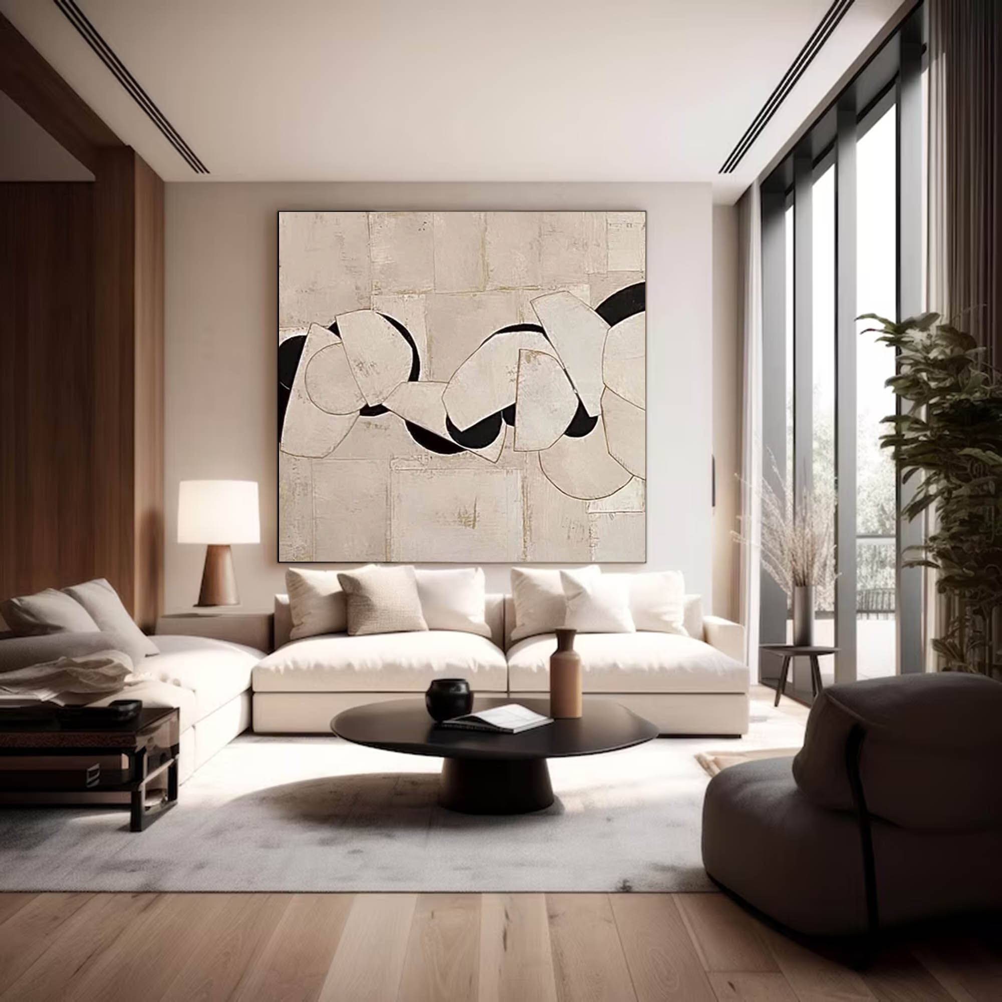 Neutral Beige & Black Painting On Canvas 3D Minimalist Textured Beige Painting