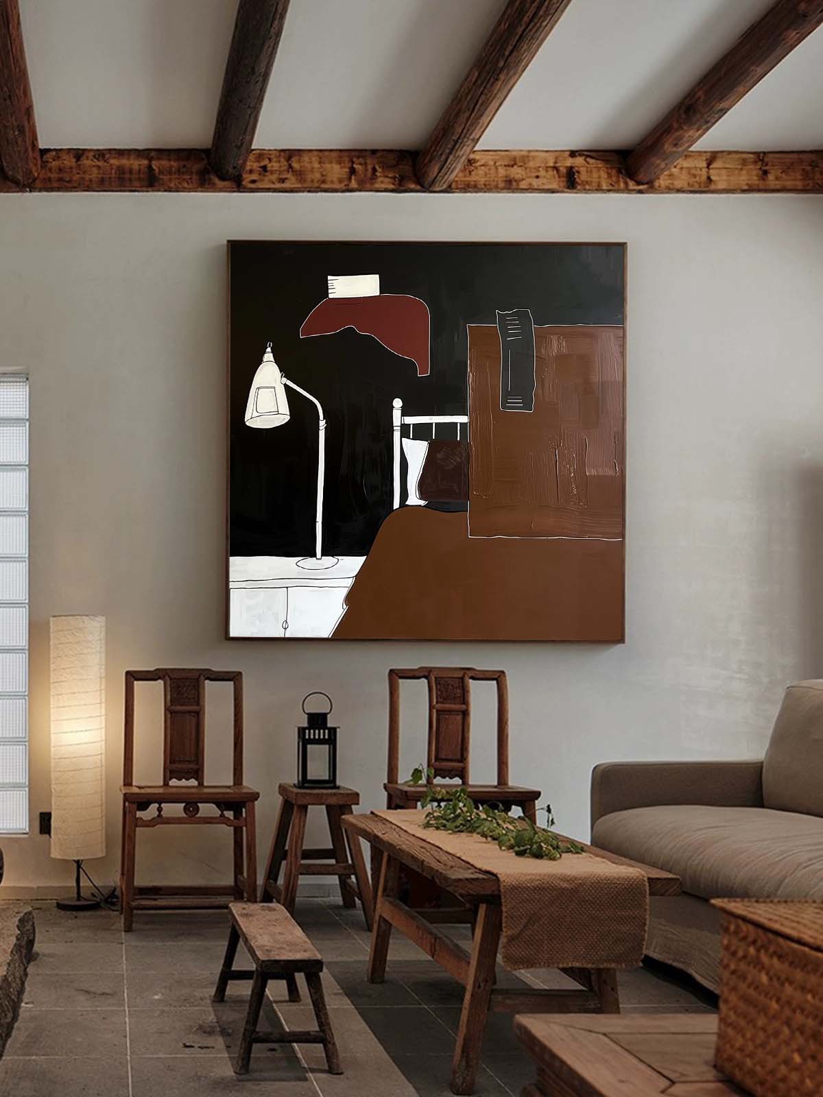 Minimalist Bed Figurative Painting Minimalist Brown Black Wall Art Large Black Brown Wall Painting