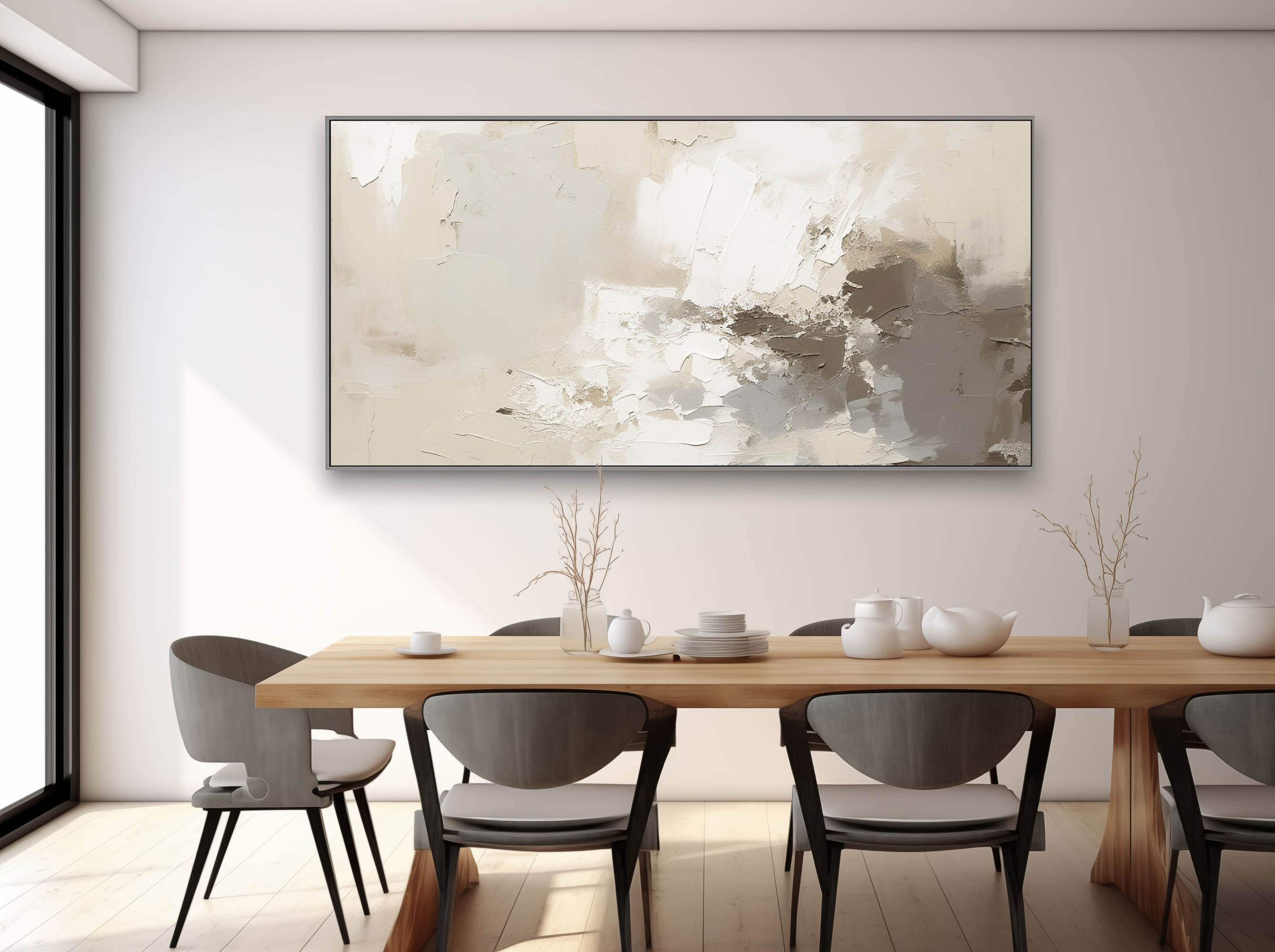 Long Horizontal Plate White Gray Abstract Painting Minimalist Beige Gray Texture Painting