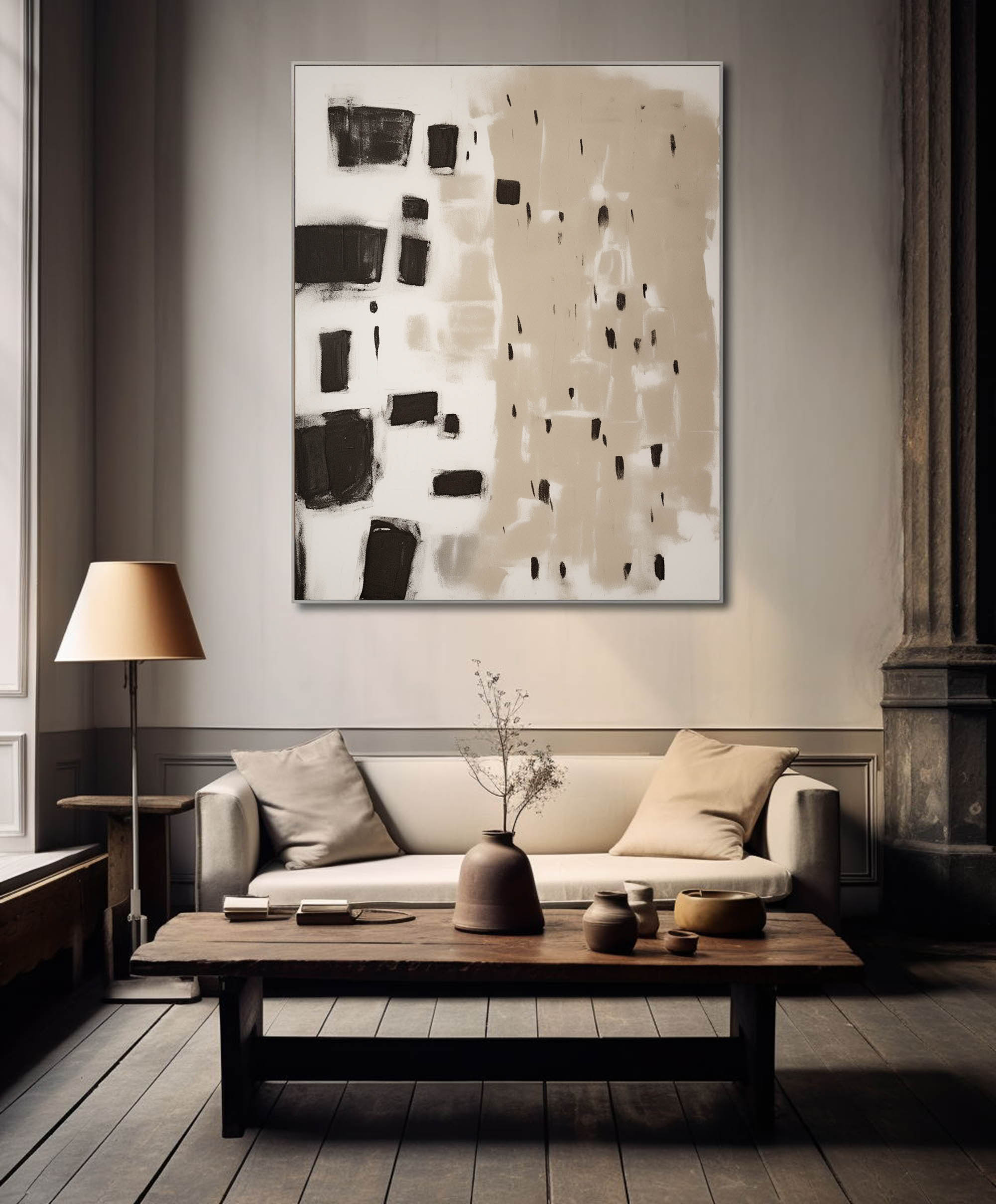 Large Minimalist Beige Black Abstract Painting Large Abstract Painting On Canvas