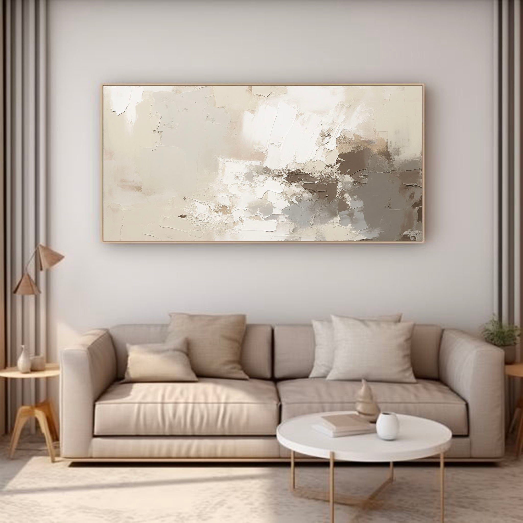 Long Horizontal Plate White Gray Abstract Painting Minimalist Beige Gray Texture Painting