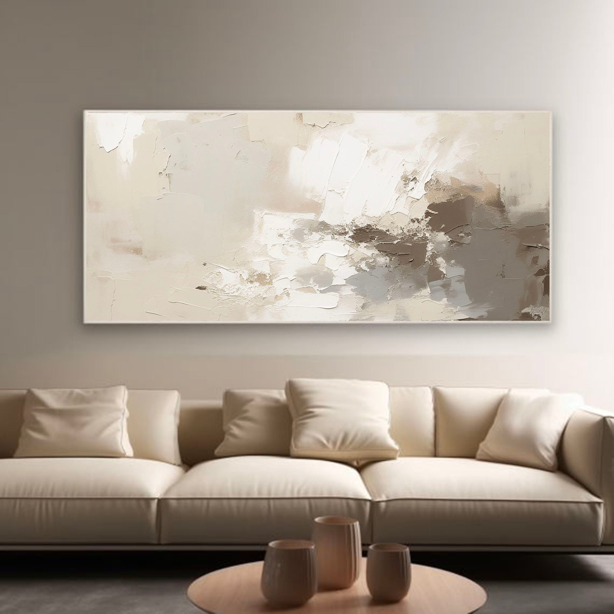 Long Horizontal Plate White Gray Abstract Painting Minimalist Beige Gray Texture Painting