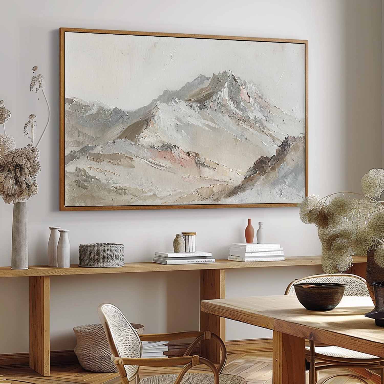 Vintage White Mountain Painting Original Grey And Brown Textured Landscape Painting Large Mountain Oil Painting