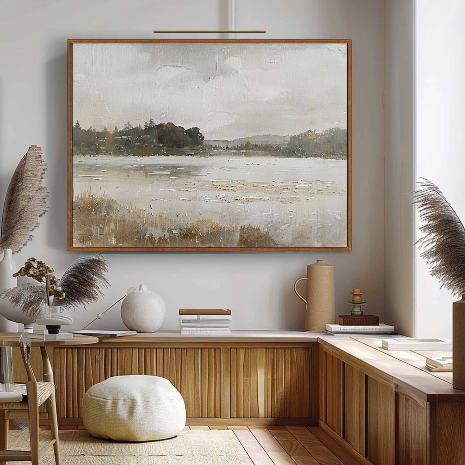 Retro Style Rural Wall Art Hand-Drawn Lakeside Landscape Oil Painting Retro Hand-Painted Wall Decor