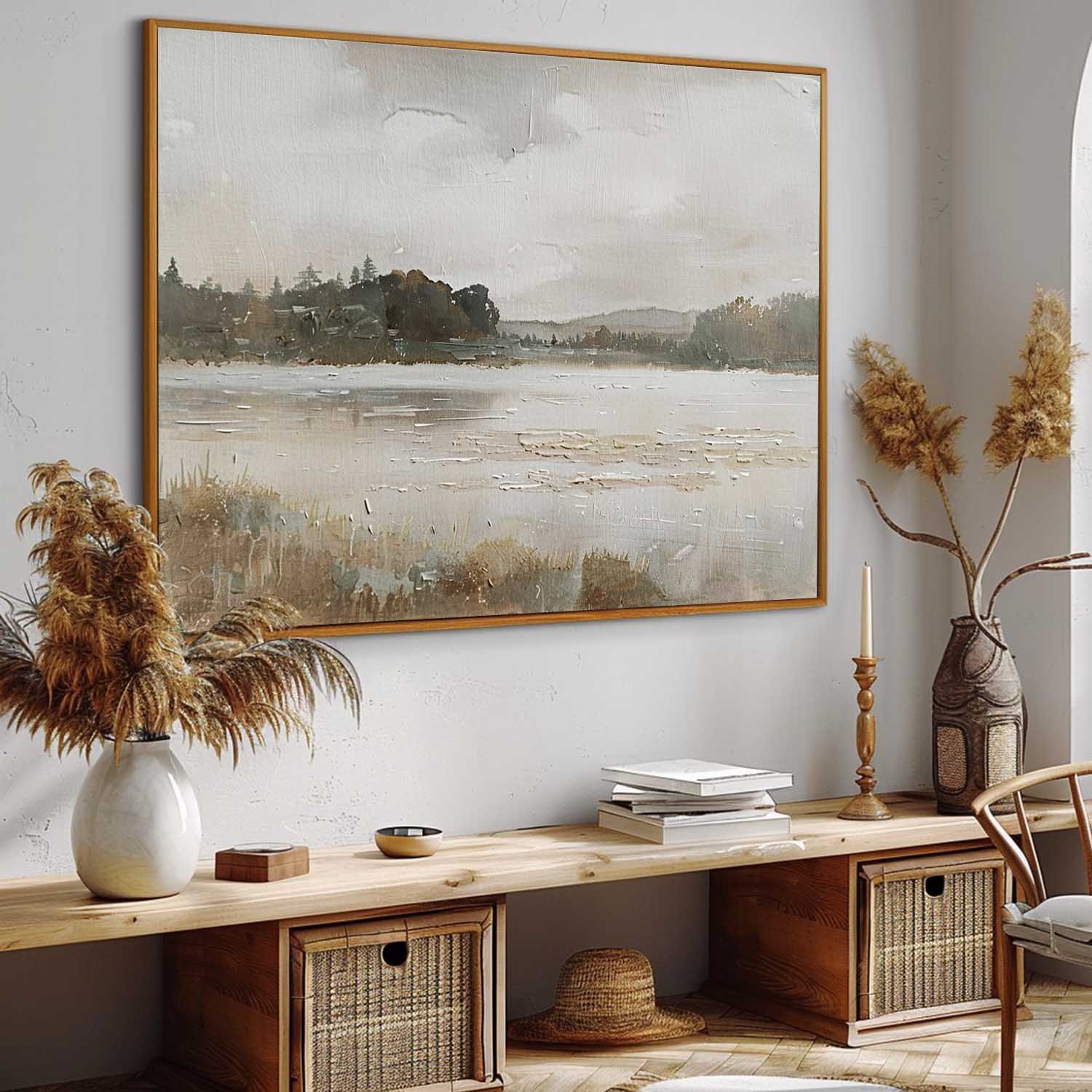 Retro Style Rural Wall Art Hand-Drawn Lakeside Landscape Oil Painting Retro Hand-Painted Wall Decor