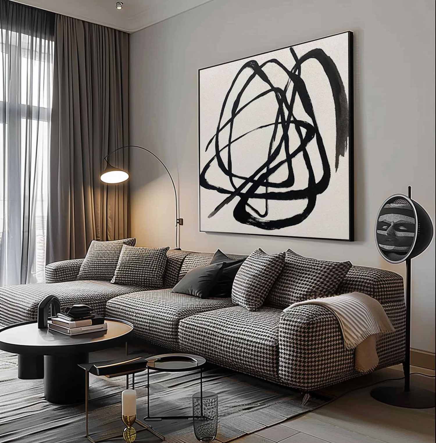 Black Line Minimalist Wall Art Black Abstract Line Painting Beige and Black Abstract Line Painting