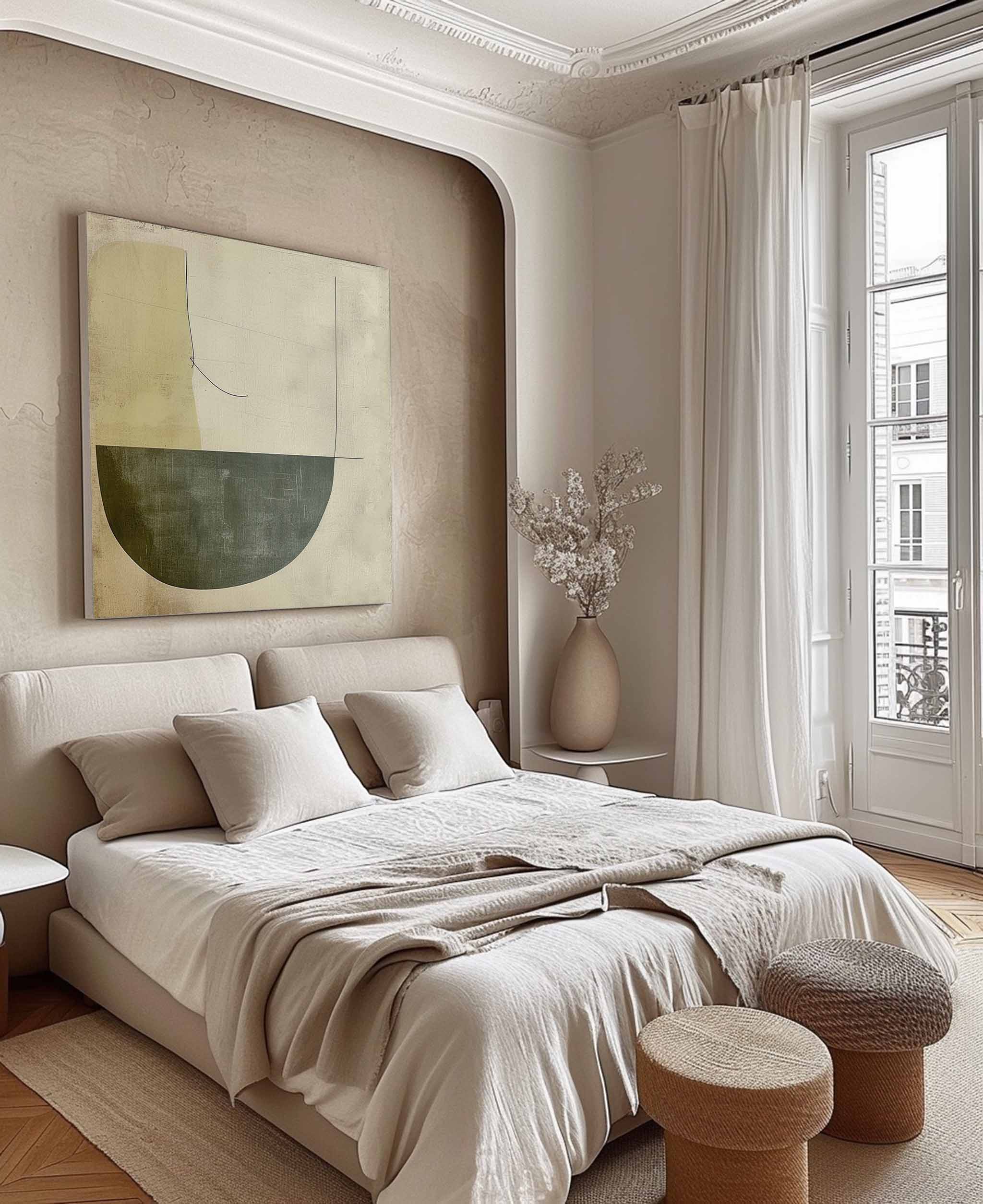 Beige And Green Minimalist Oil Painting Beige Wabi Sabi Minimalist Wall Art Beige Geometric Art Wall Art