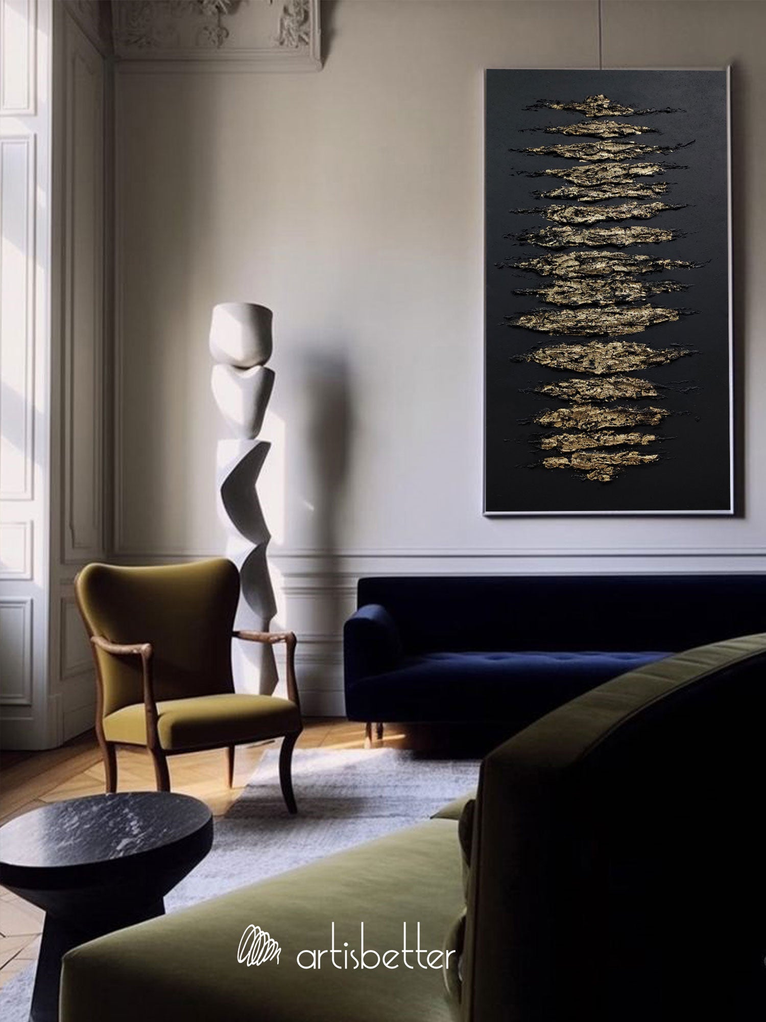 Oversized Textured Abstract Minimalist Painting Extra Large Minimal Canvas Art Black And Gold For Living Room