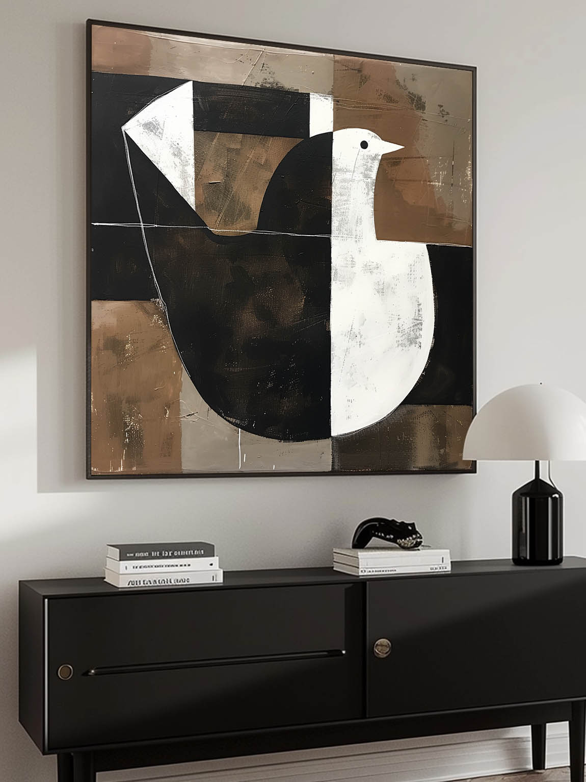 Retro Neutral Dove Painting On Canvas Retro Black & White Dove Canvas Art Vintage Minimalist Dove Painting