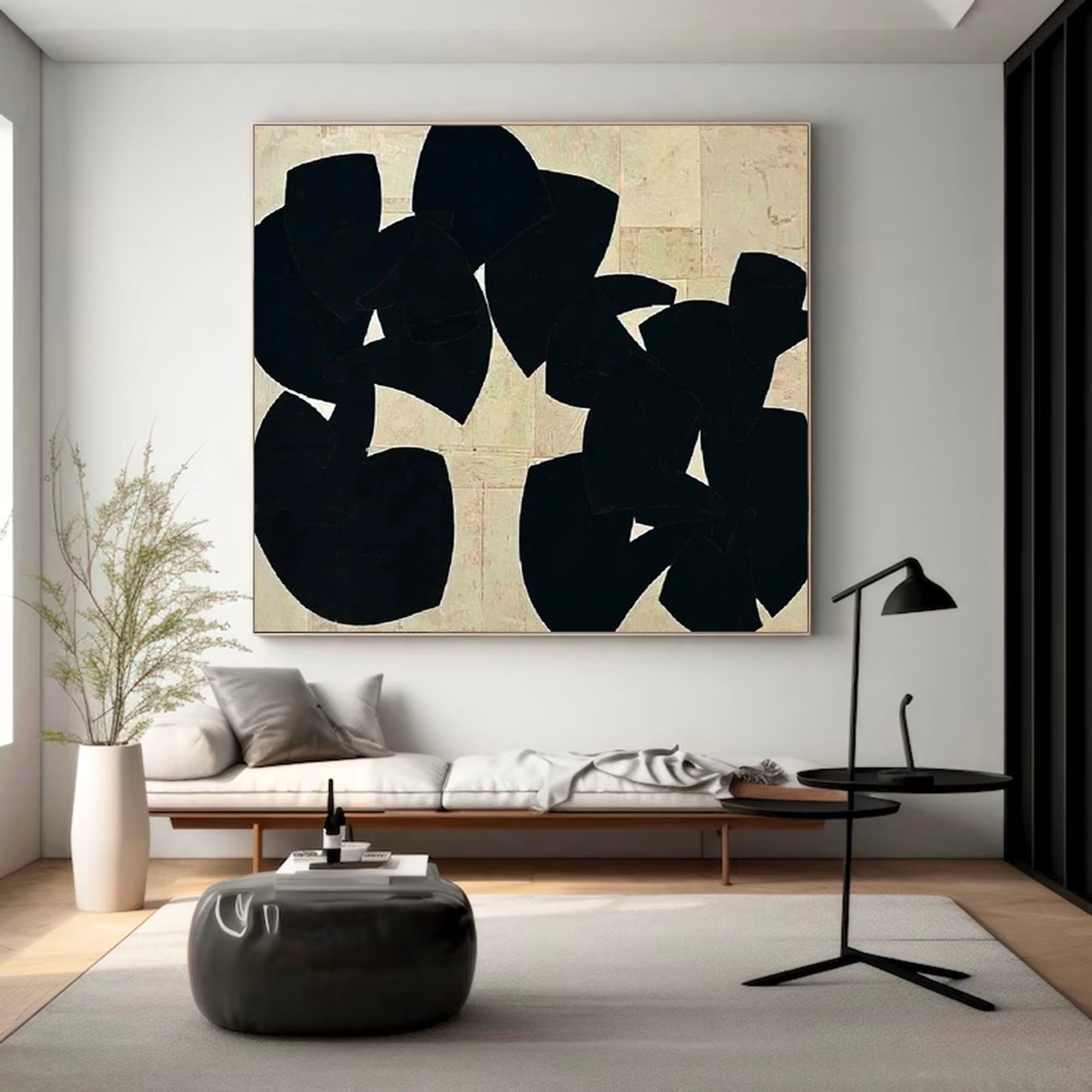 Large Beige And Black Minimalist Abstract Painting Black Plaster Textured Wall Art