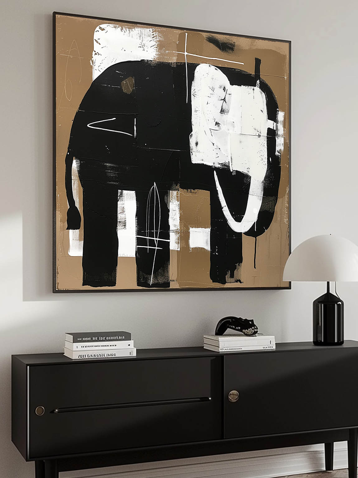 Vintage Elephant Wall Art On Canvas Large Neutral Abstract Acrylic Painting Original Vintage Elephant Painting