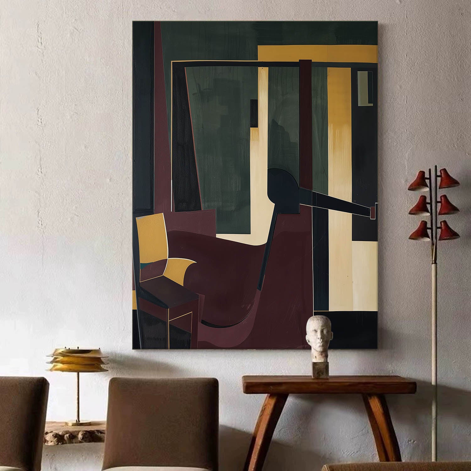 Original Vintage Abstract Chair Oil Painting Large Vintage Abstract Painting Brown And Green Wall Art