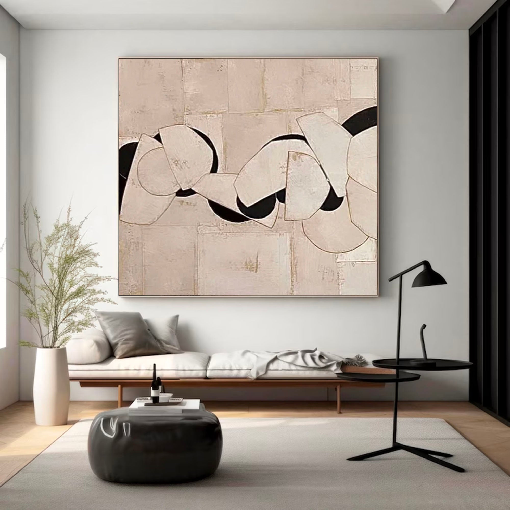 Neutral Beige & Black Painting On Canvas 3D Minimalist Textured Beige Painting