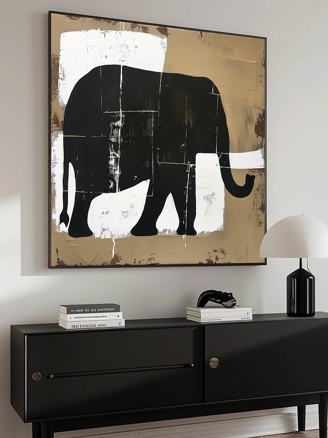 Retro Elephant Acrylic Painting On Canvas Large Neutral Elephant Painting Large Neutral Artwork