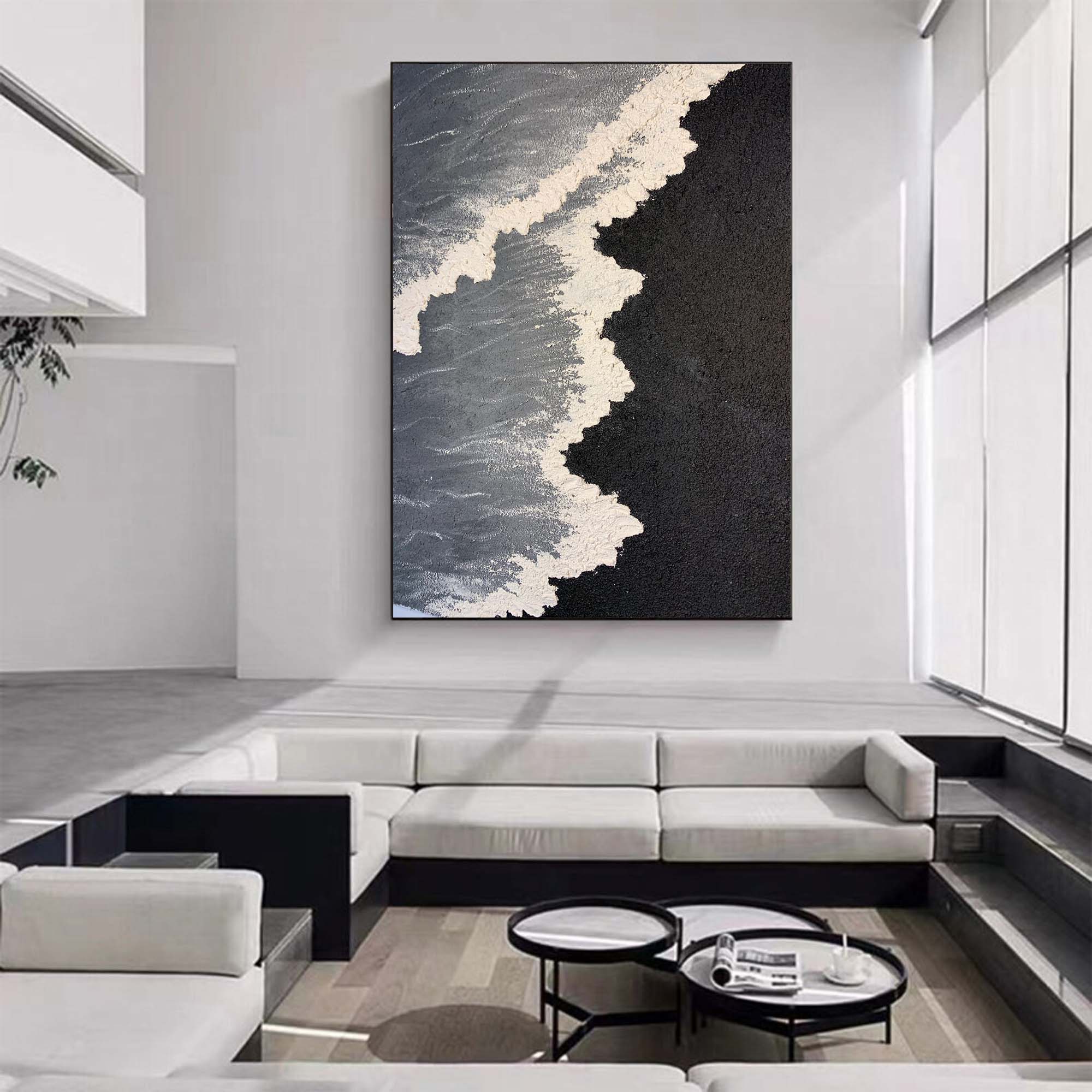 3d Minimalist Black Wave Painting Large Black And White Ocean Texture Painting