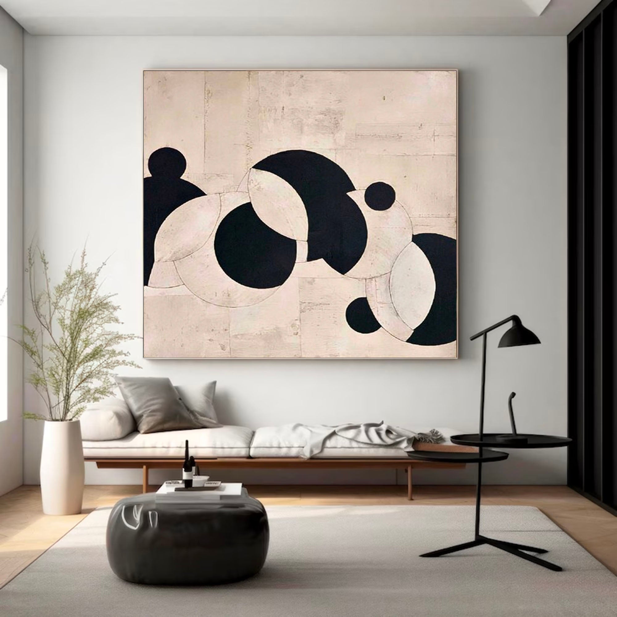 Beige Black Minimalist Painting Beige Plaster Textured Wall Art Beige Neutral Painting