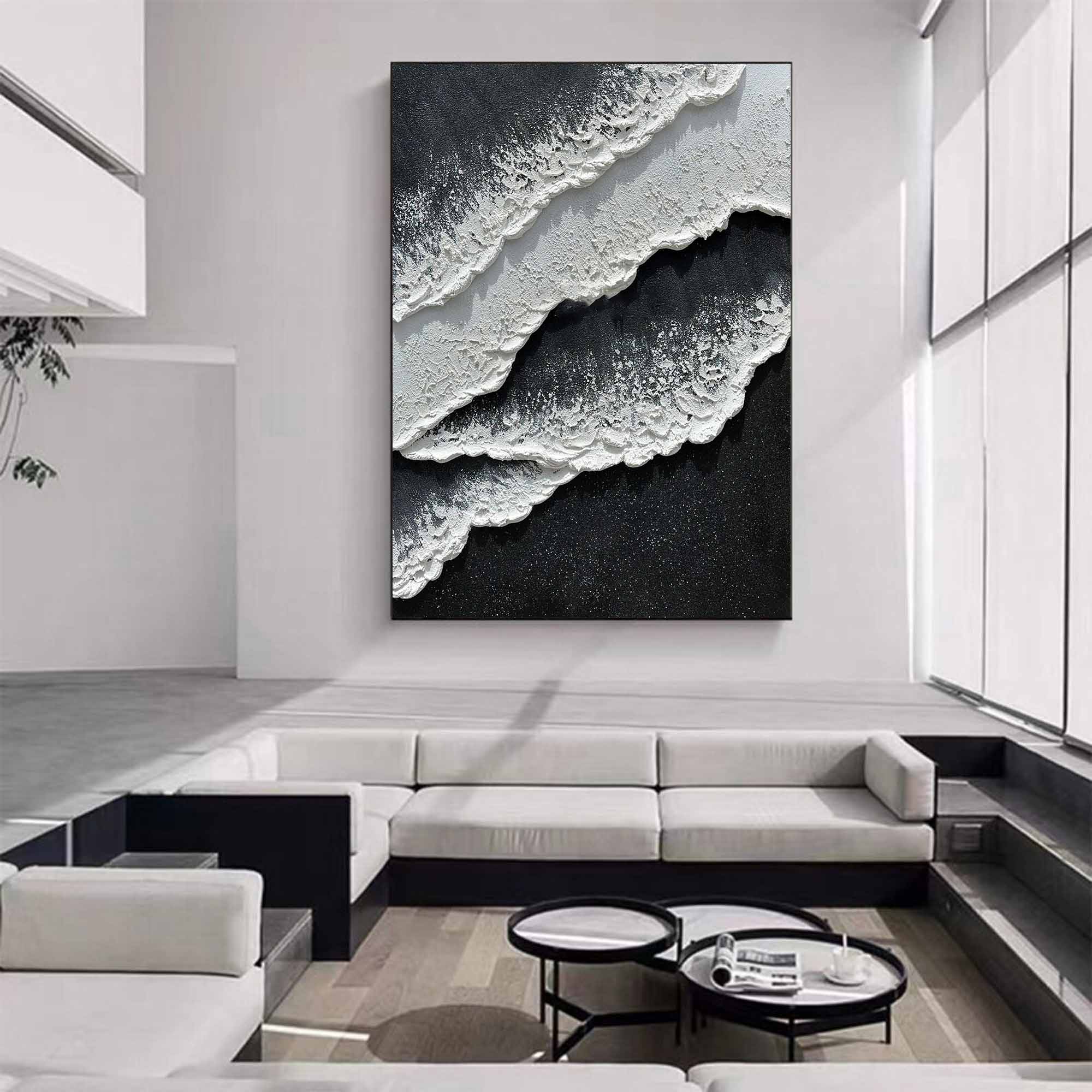 3d Black White Wave Painting On Canvas Minimalist Black And White Ocean ...