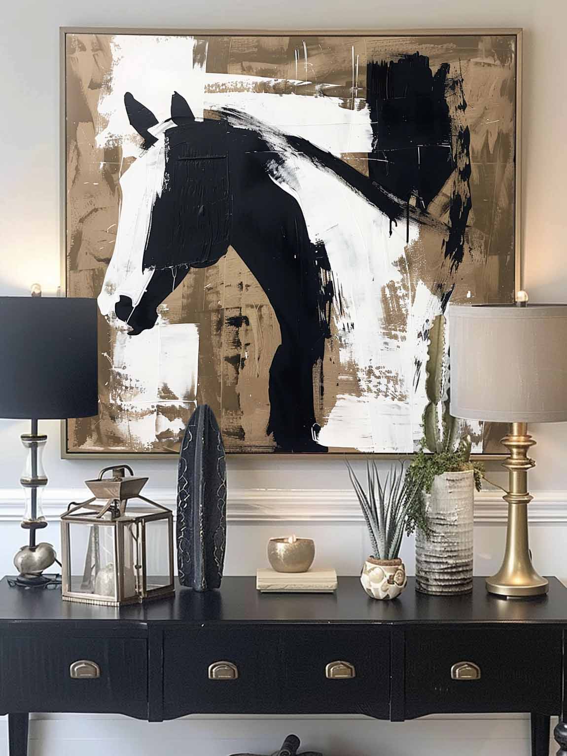 Vintage White & Black Horse Oil Painting Abstract Original Canvas Wall Art Retro Horse Wall Art