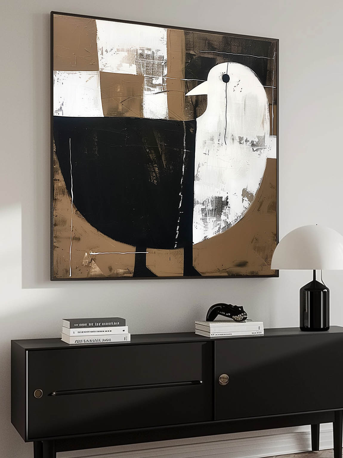 Vintage Black And White Dove Canvas Art Large Abstract Minimalist Bird Painting Retro Dove Wall Art