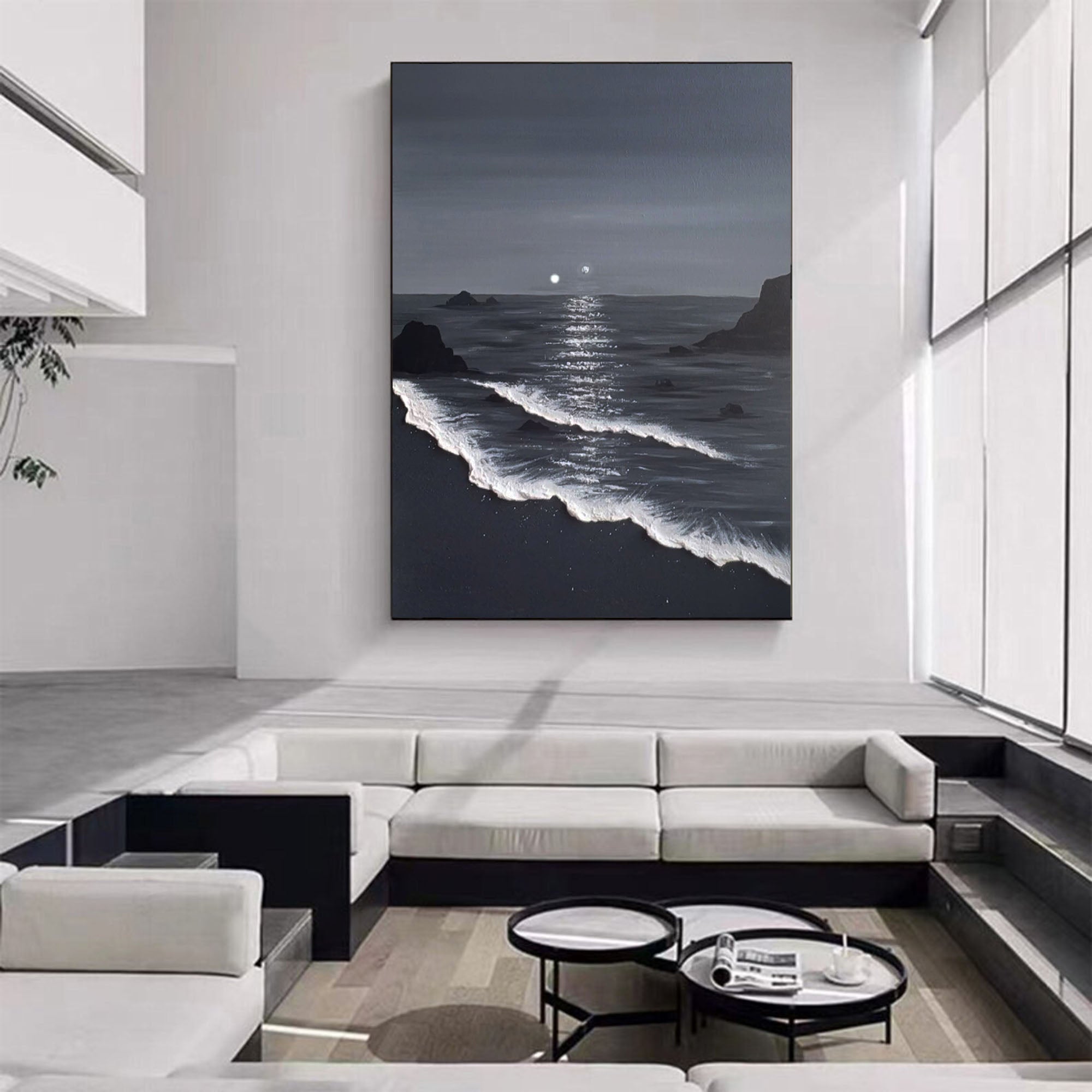 Minimalist 3d Ocean Waves Painting Original Black And White Ocean Beach Painting