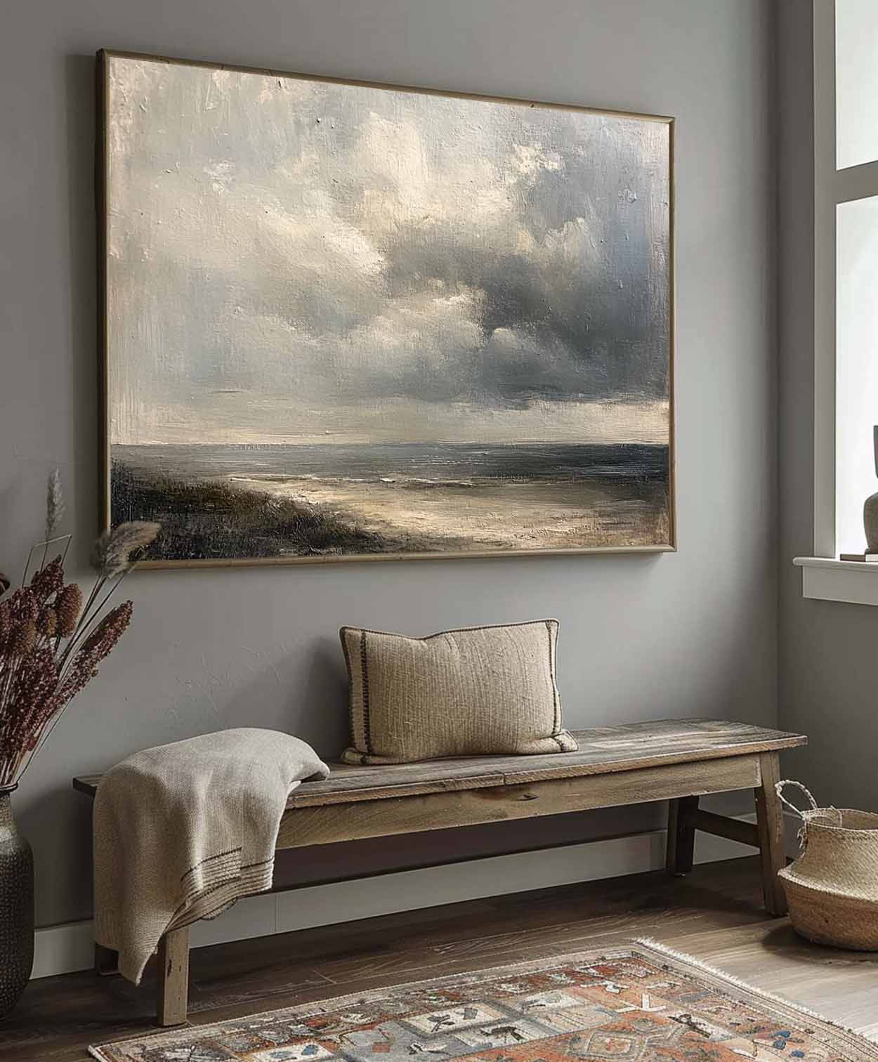 Moody Sky Vintage Painting Cloudy Sky Oil Painting Vintage Cloud Canvas Wall Art Grey Sky Painting