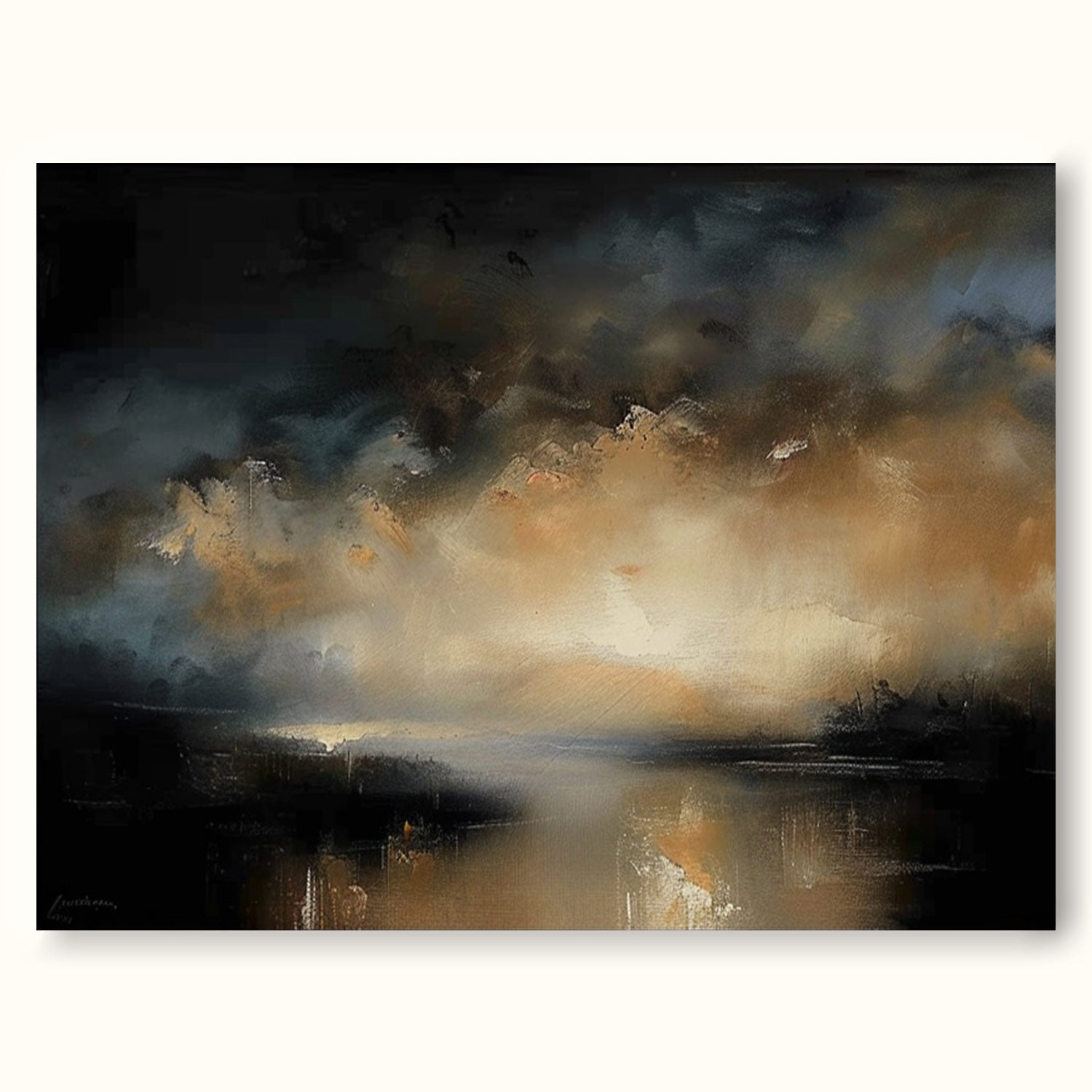 Vintage Minimalist Black And Beige Lake Landscape Painting Large Neutral Black And Beige Abstract Painting