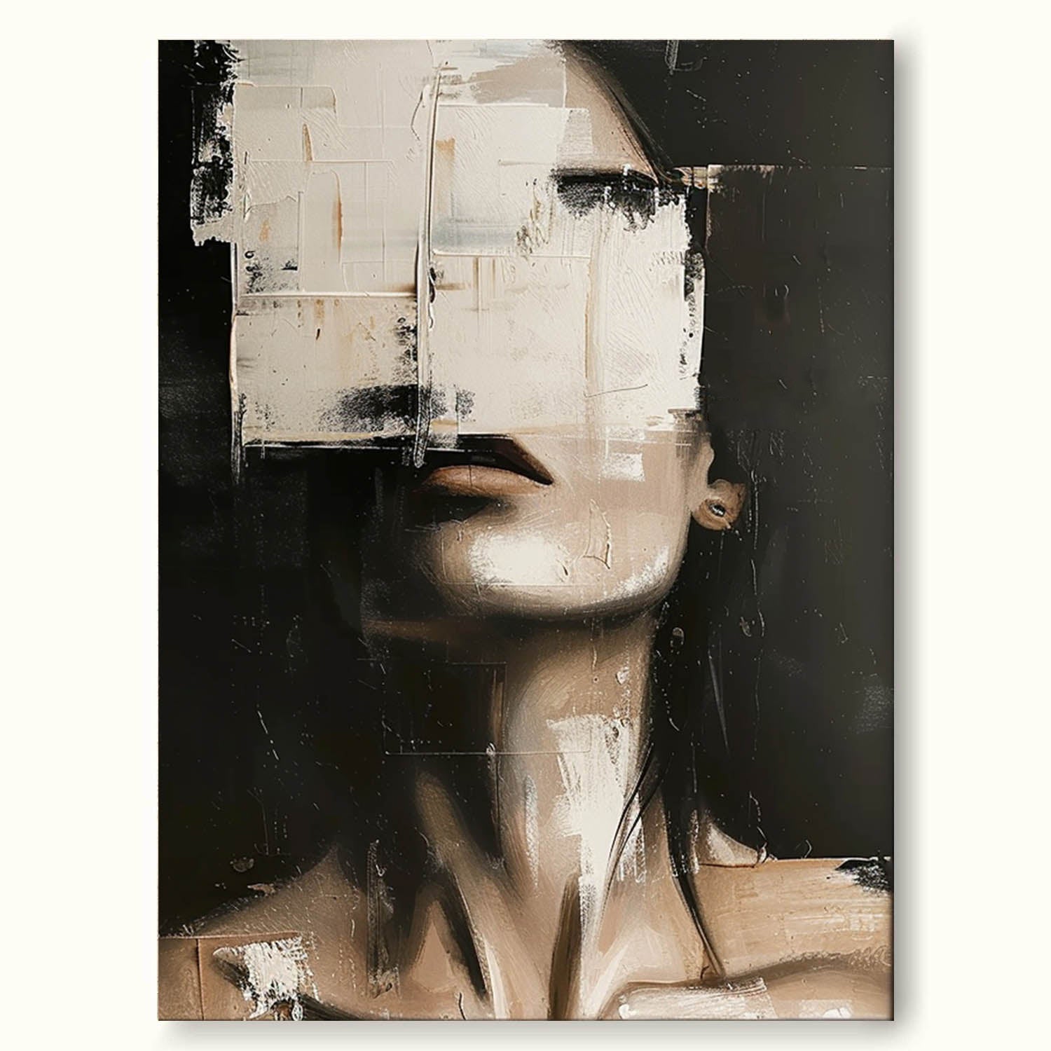 Vintage Neutral Female Portrait On Canvas Minimalist Large Abstract Oil Painting Large Abstract Female Portrait