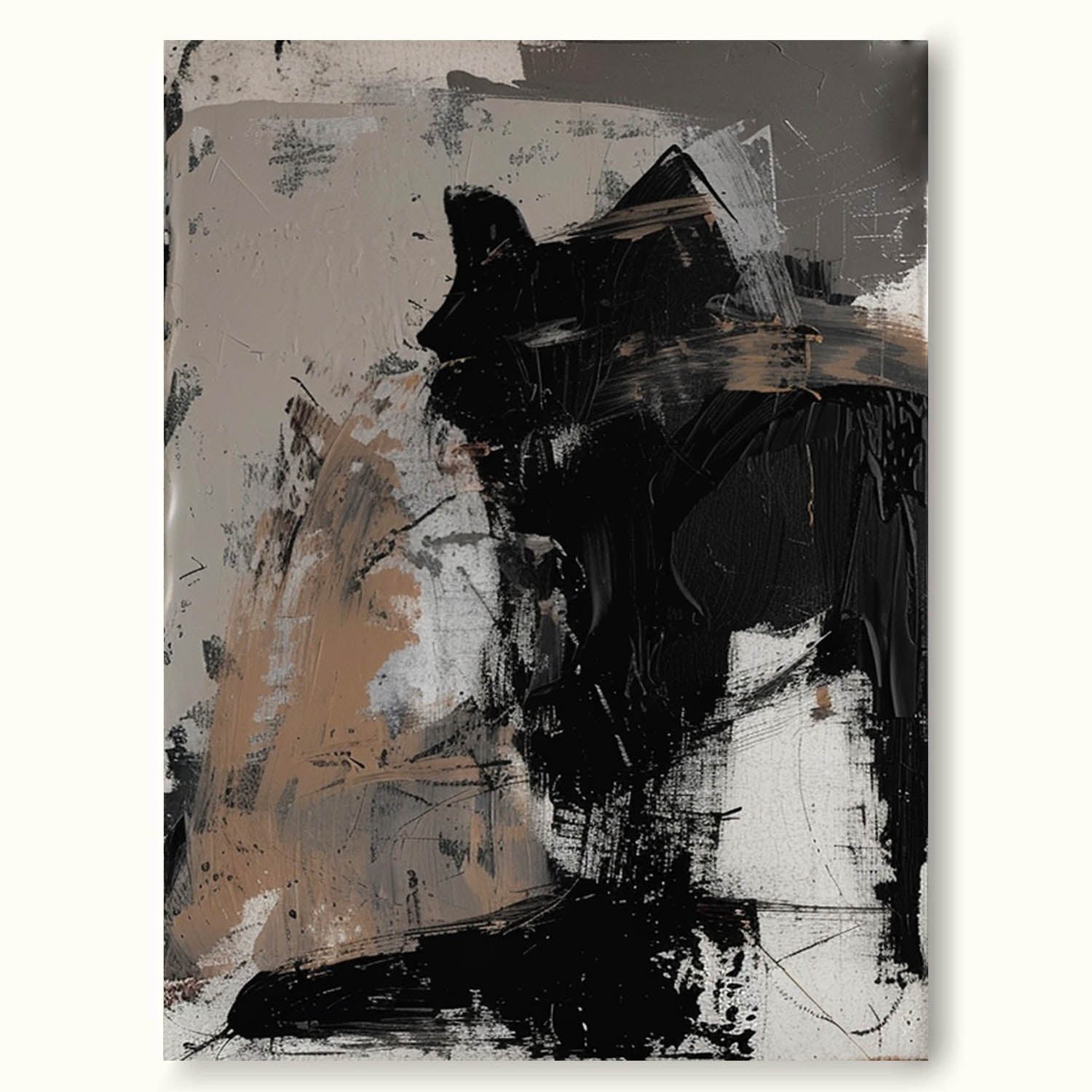 Retro Abstract Black Cat Oil Painting Minimalist Black Texture Wall Art Neutral Tones Canvas Art Original Black And Grey Abstract Art