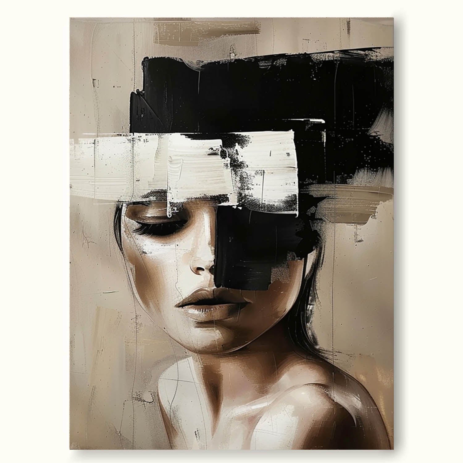 Vintage Black And Beige Female Face Oil Painting Original Female Canvas Art Large Abstract Handmade Portrait Art