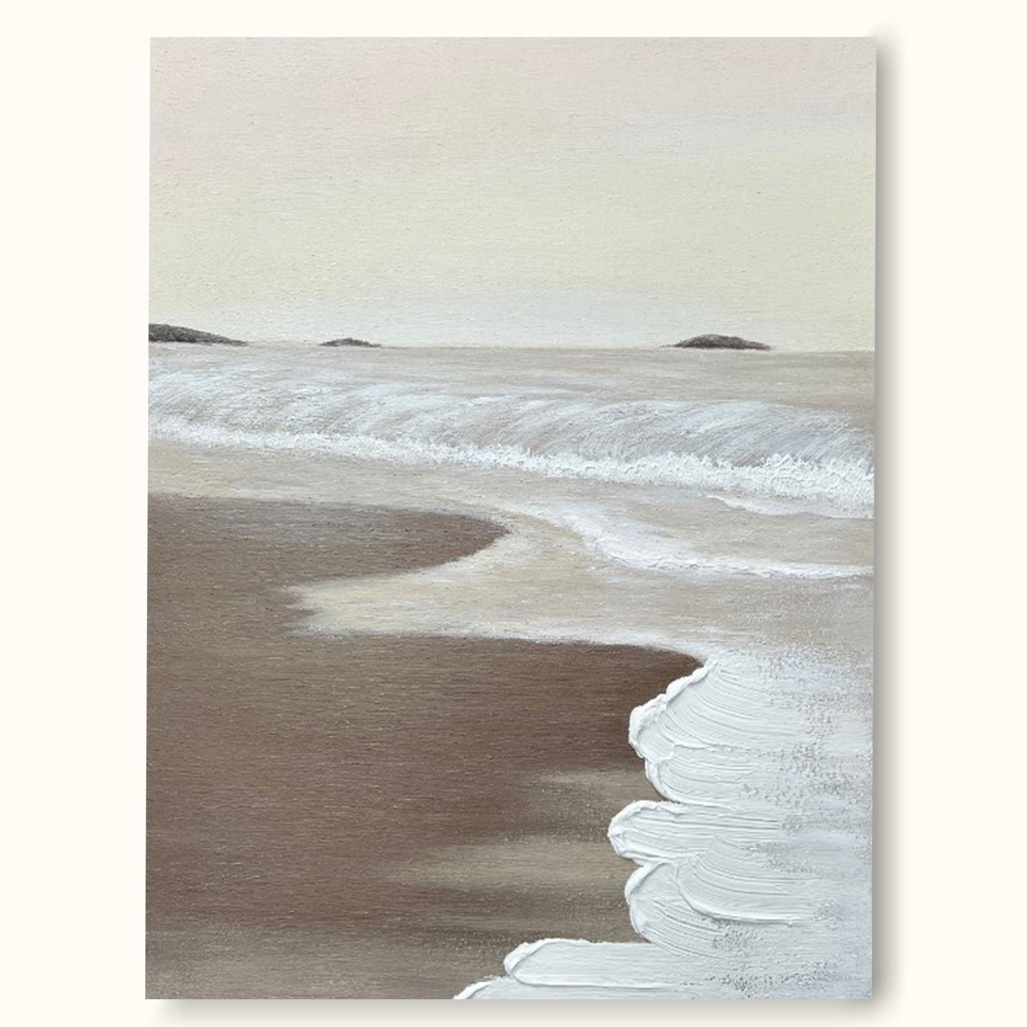 Minimalist Beige White Ocean Beach Abstract Oil Painting Seaside Landscape Painting