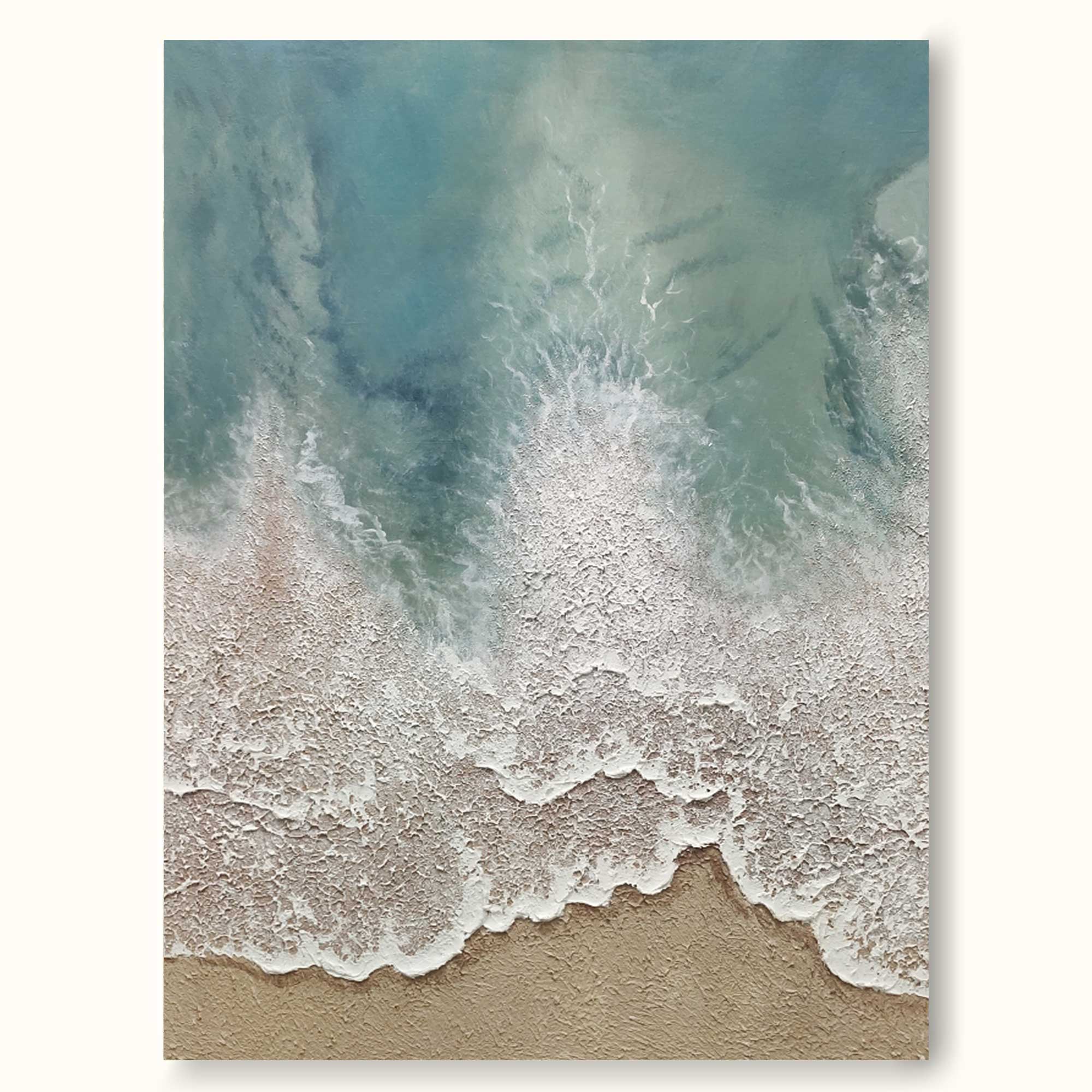 Large 3D Textured Ocean Painting Minimalist Green and White Wave Painting