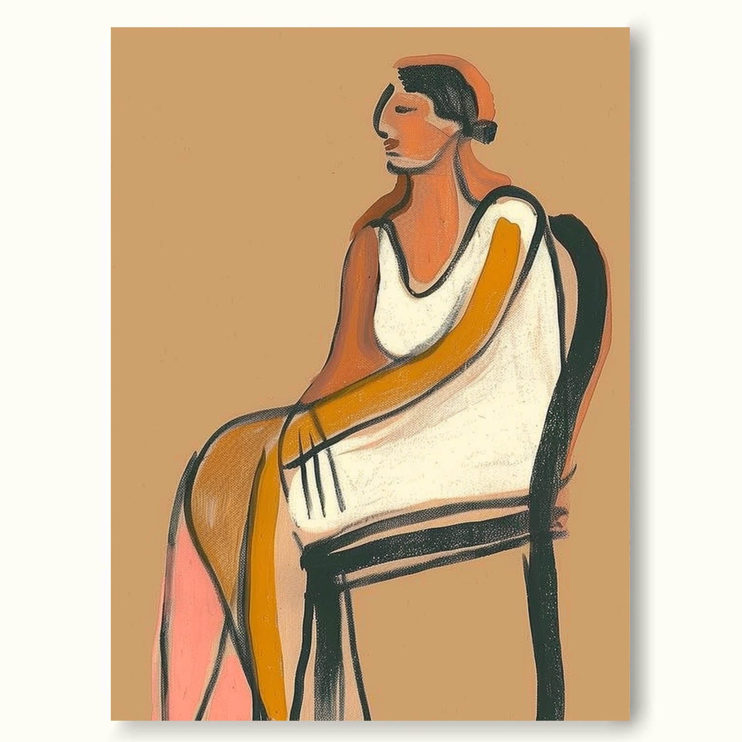 Vintage Minimalist Women Oil Painting Mid Century Portrait Painting Large Vintage Brown Women Canvas Art