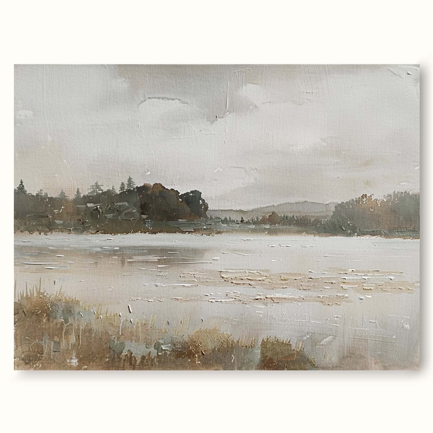 Retro Style Rural Wall Art Hand-Drawn Lakeside Landscape Oil Painting Retro Hand-Painted Wall Decor