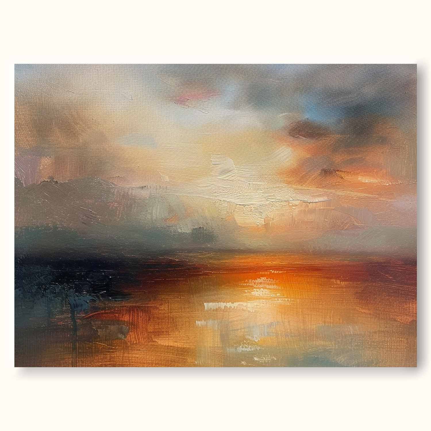 Vintage Hand-Painted Abstract Sea Level Oil Painting Large Sunset Sea Level Texture Painting Retro Sea Level Wall Art